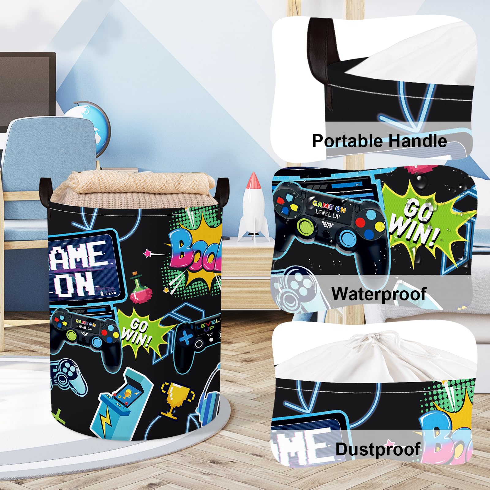 Clastyle Cool Game Storage Basket Kid Game Controller Clothes Laundry Hamper Collapsible Boy Toy Box For Nursery Palyroom,Black,