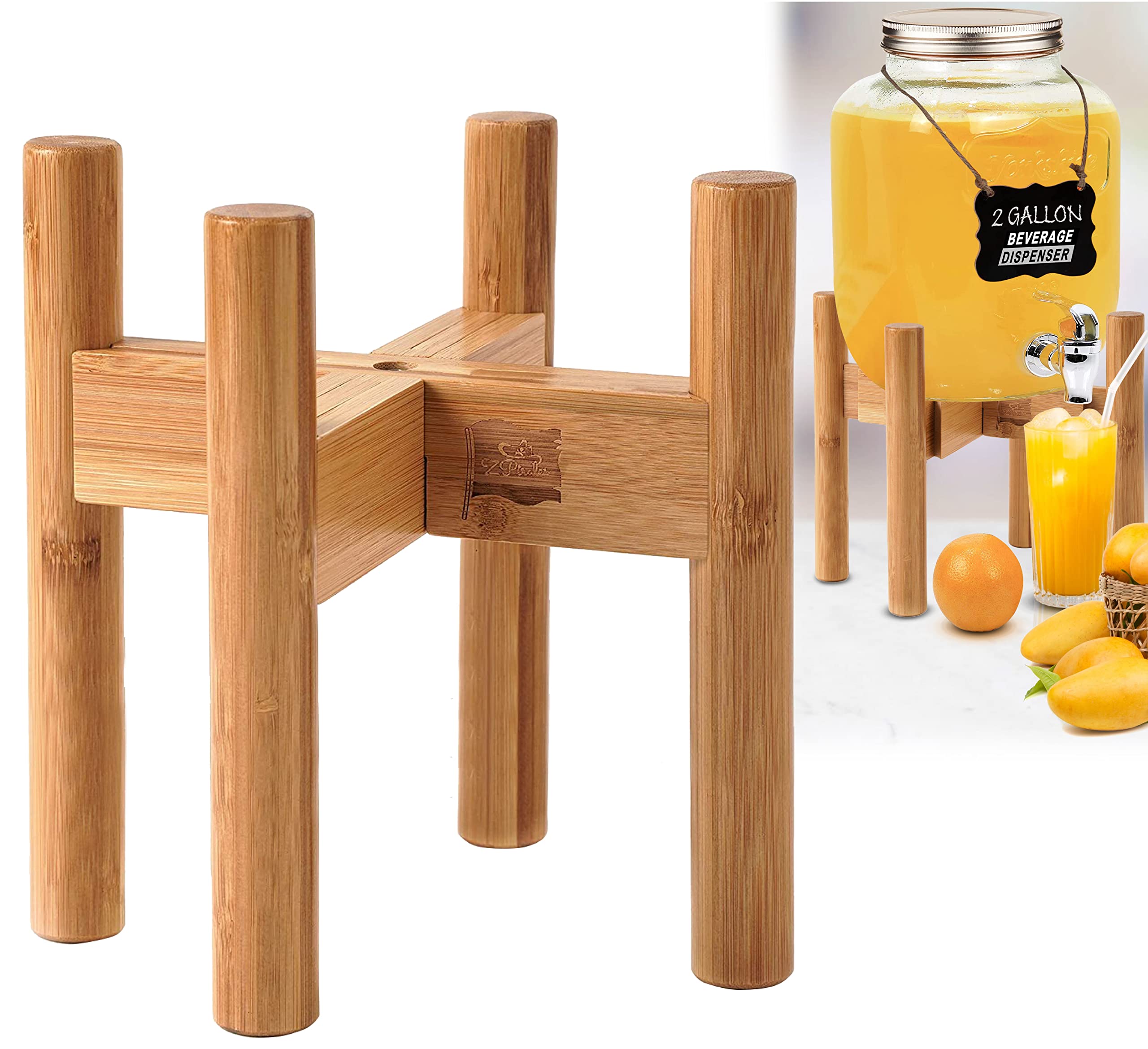 Drink Dispenser Stand - Beverage Glass Jar And Water Jug Holder - Adjustable Up To 11.5-Inch Wide - Bamboo