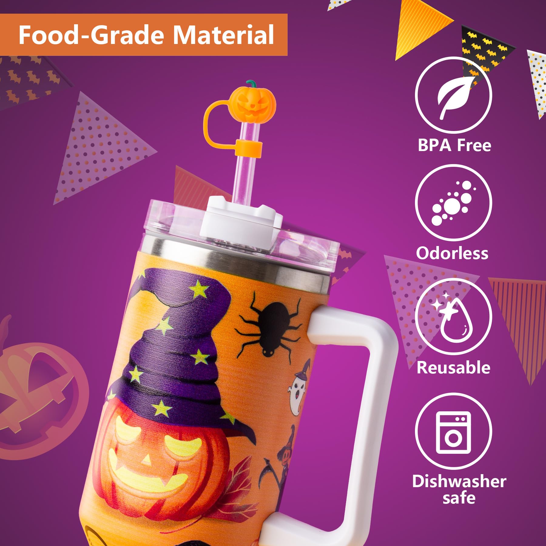 6Pcs Halloween Straw Cover Cap For Stanley Cup 40Oz/30Oz Tumbler, 10Mm Reusable Cute Ghost Drinking Straw Topper Accessories, Po