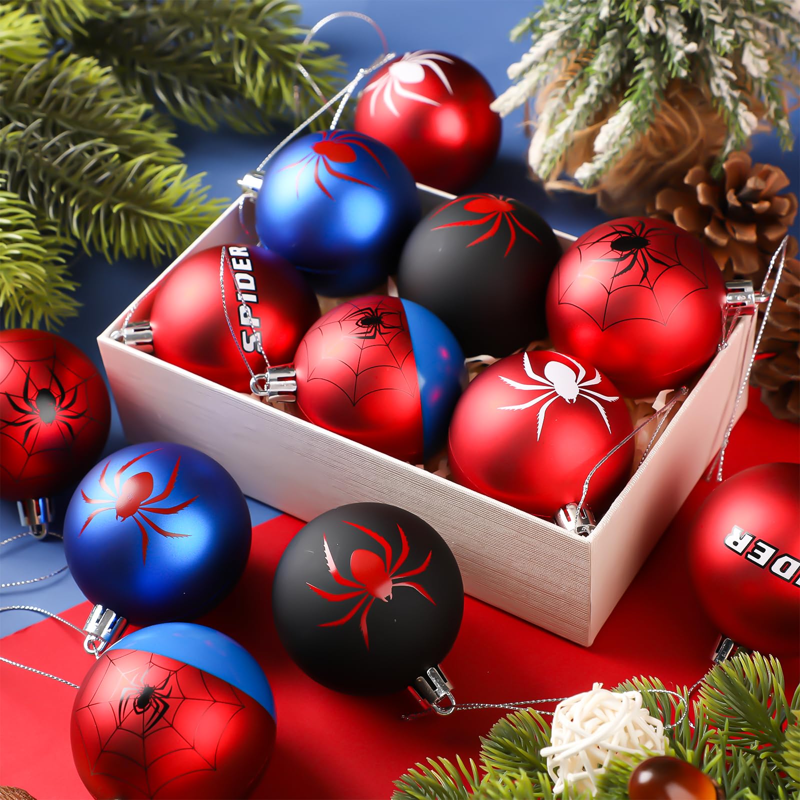 Civaner 12 Pcs 2.36 Inch Spider Christmas Ball Ornaments Spider Web Hanging Ornaments Blue Red Christmas Tree Decoration for Xma