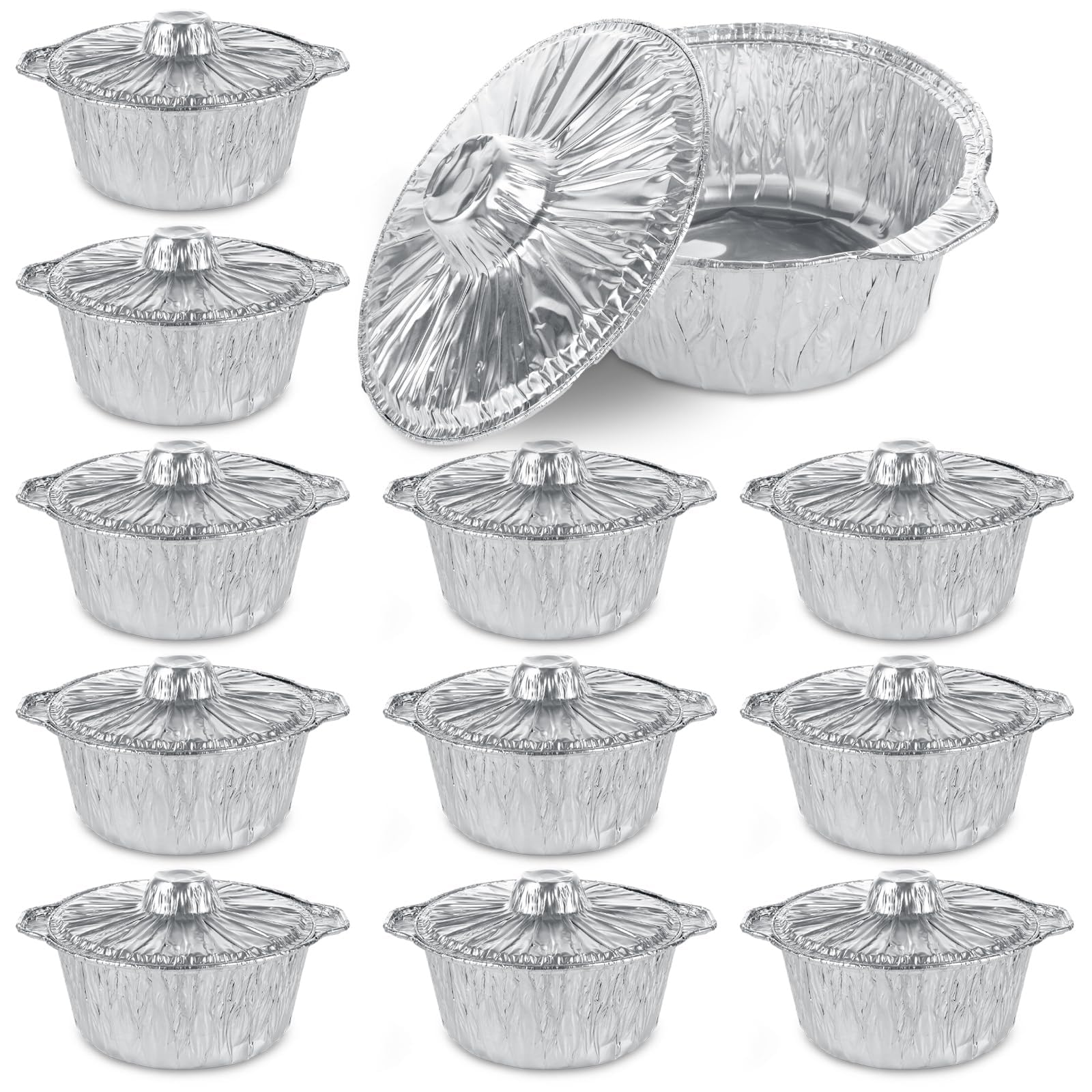 LOLYSIC 12 Pack Disposable Aluminum Pot with Lids  8 Inch Takeout Foil Pans with Lid (77oz Capacity) for Baking, Cooking, Meal 