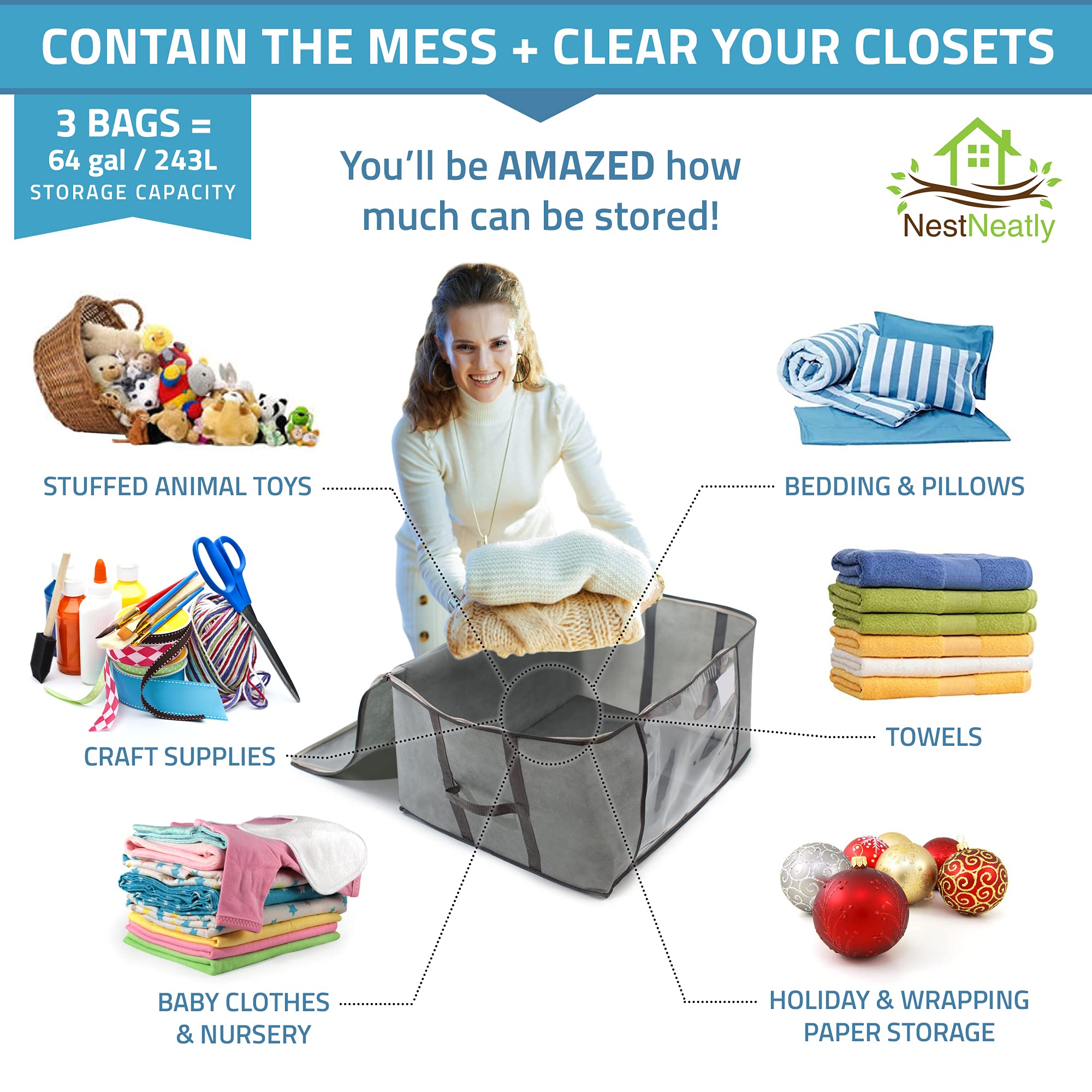 NestNeatly Large Capacity Clothes Storage Bag Organizer with Reinforced Handle for Comforters, Blankets, Bedding, Foldable with