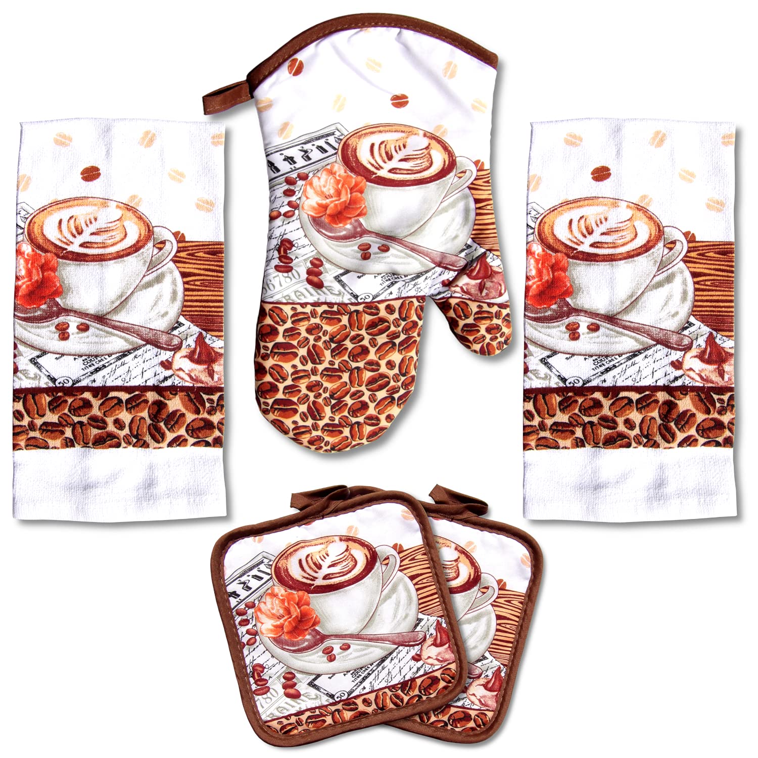 Lobyn Value Packs: 5-Piece Cafa Latte Kitchen Towel Set - Quilted Oven Mitt & 2 Potholders, Perfect For Coffee Lovers