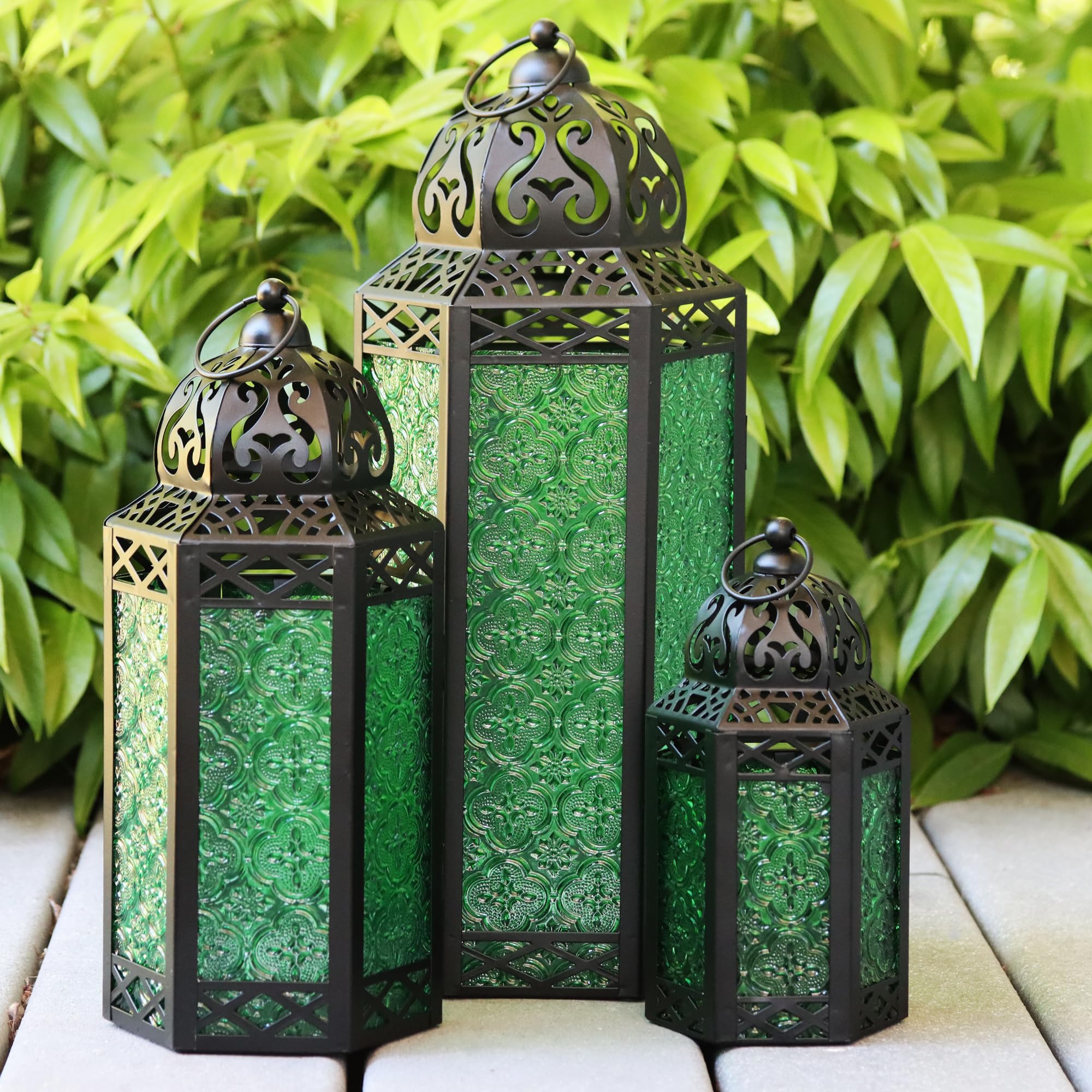VELA LANTERNS Moroccan Candle Lantern Decorative Set of 3 for Floor, Ramadan Decorations, Indoor Home Decor, Outdoor Patio or Po