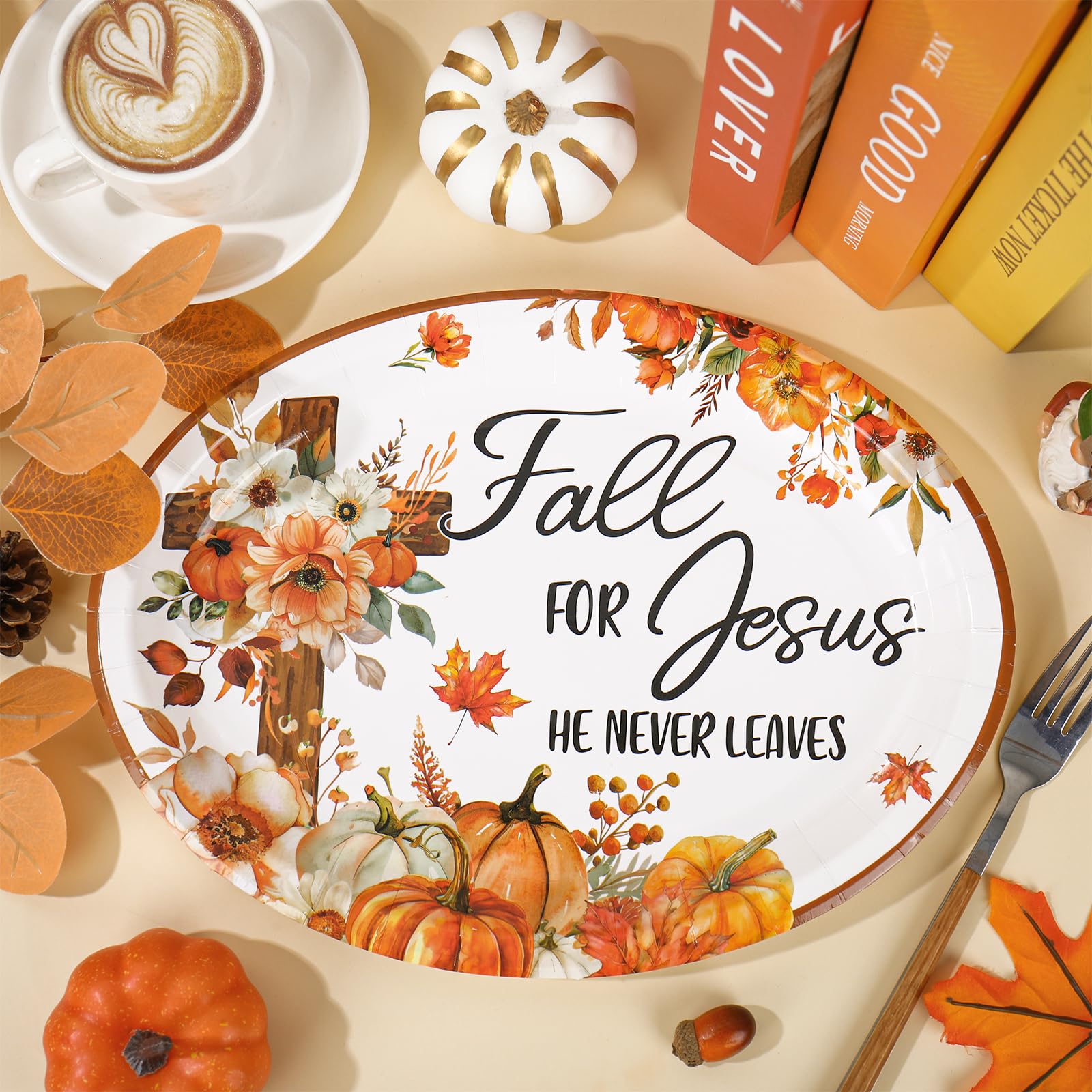 50 Pcs Fall Oval Paper Plates Pumpkin Floral Cross Disposable Dinner Plates for Autumn Thanksgiving Harvest Party Supplies