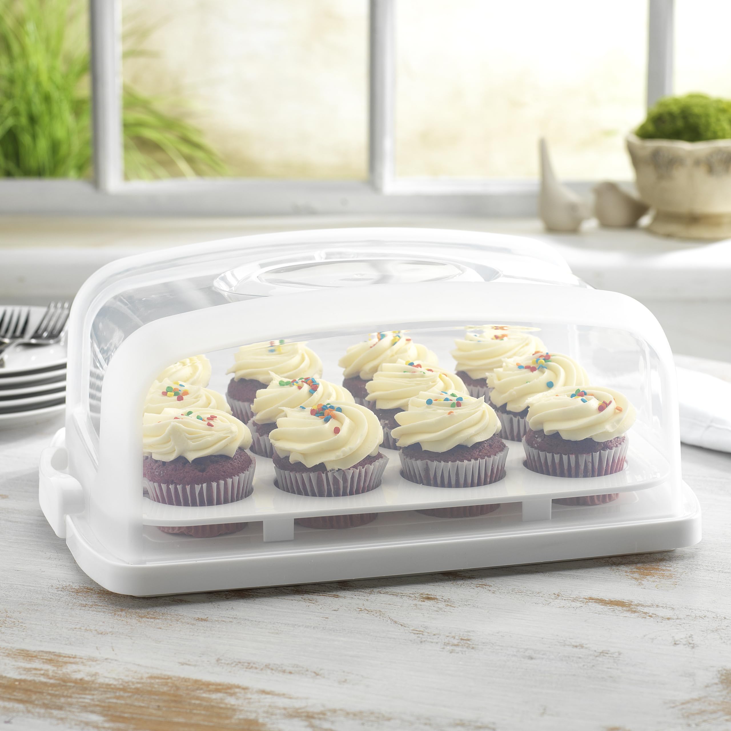 Mosjos 2In1 Cupcake Carrier And Cake Keeper With Lid, Cupcake Box To Fit 12, Sturdy, Bpa-Free Cupcake Holder With Two Secure Sid