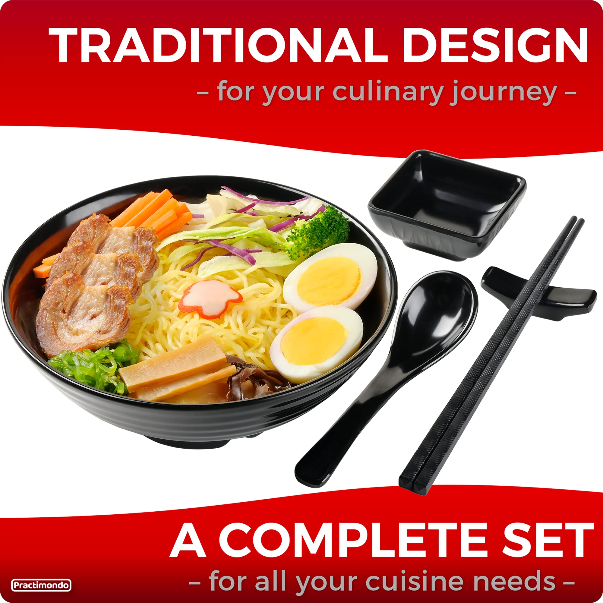 Unbreakable Ramen Bowl Set With Chopsticks And Spoon: 2 Large Japanese Style Melamine Ramen Bowls, Dipping Bowls And Chopstick S