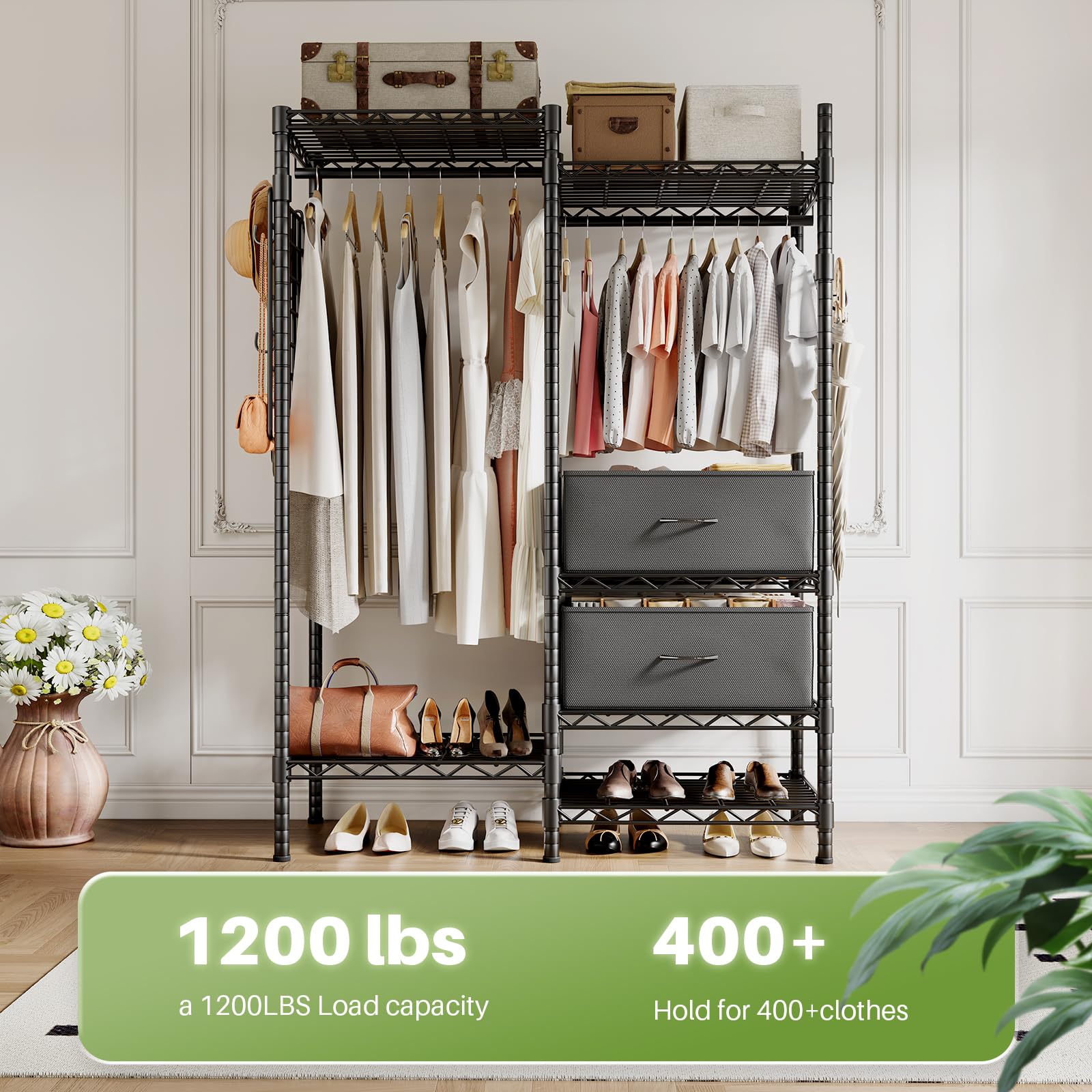 Hokeeper Clothes Rack Heavy Duty Clothing Rack For Hanging Clothes Loads 1200Lbs, Portable Closets Adjustable Garment Rack With