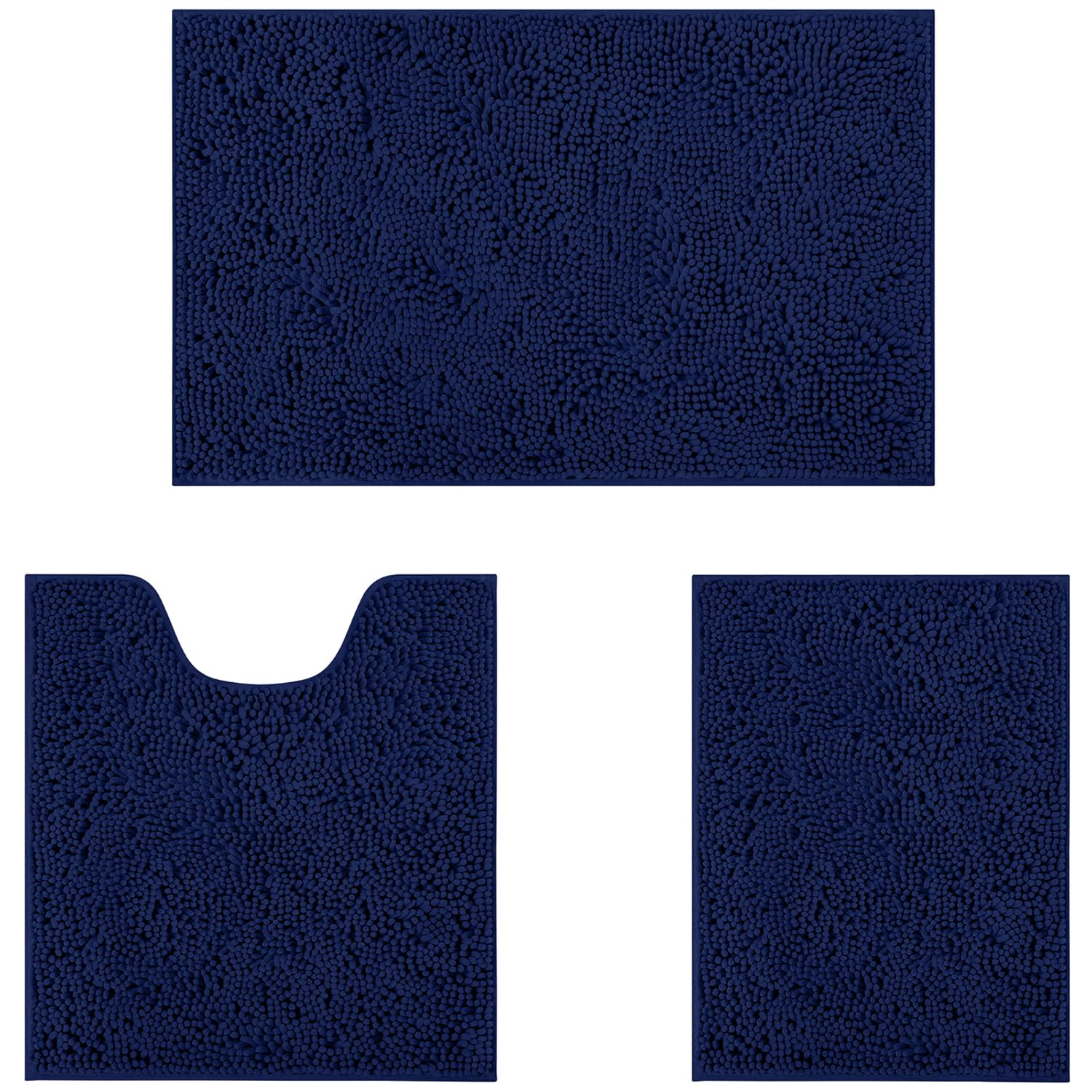 Homeideas 3 Pieces Bathroom Rugs, Ultra Soft Non Slip Absorbent Chenille Toilet Bath Mat Set (Navy Blue)