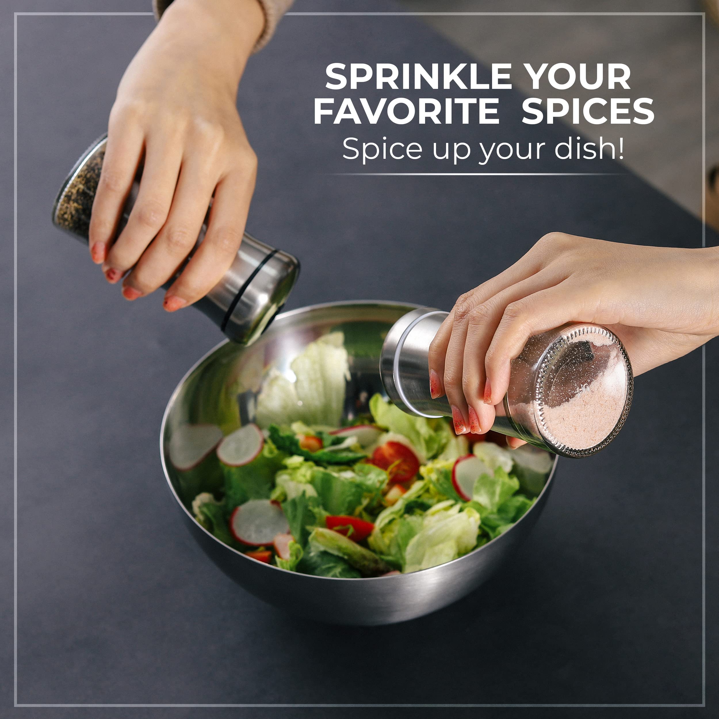 Salt And Pepper Shakers Set With Adjustable Pour Holes - Elegant Stainless Steel Spice Dispenser - Perfect For Himalayan, Table