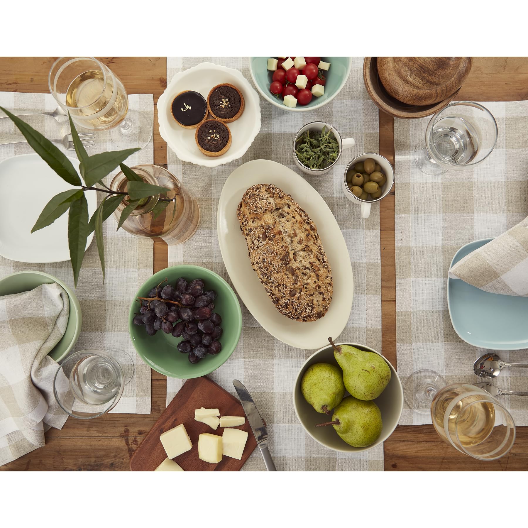 Solino Home Linen Check Table Runner 72 Inches Long - 100% Pure Linen Natural And White Buffalo Plaid Table Runner 14 X 72 Inch