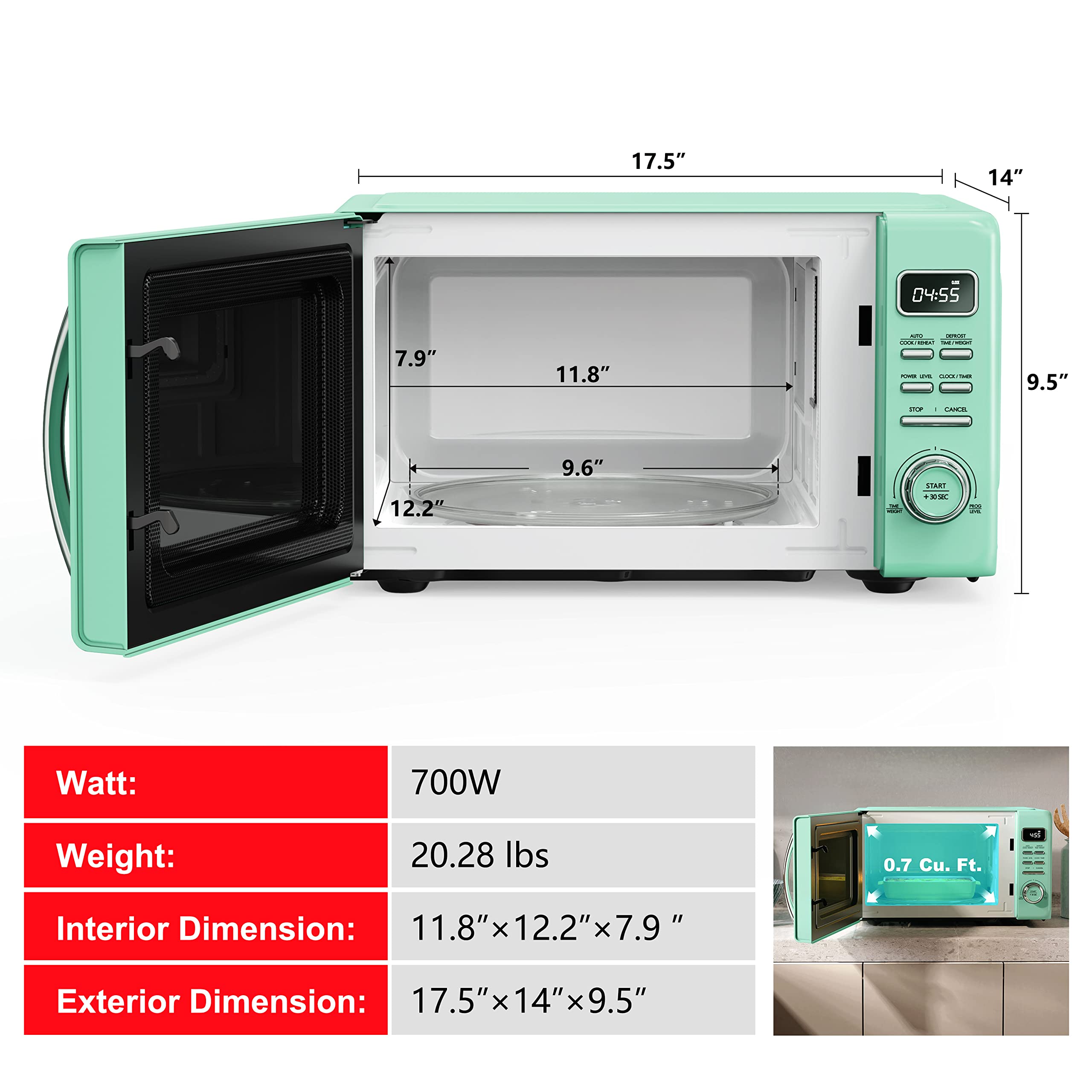 Galanz Retro Countertop Microwave Oven, 0.7 cu ft, Stainless Steel, Green, Model GLCMKZ07GNR07, Auto Cook, Easy Clean, Pull Handle