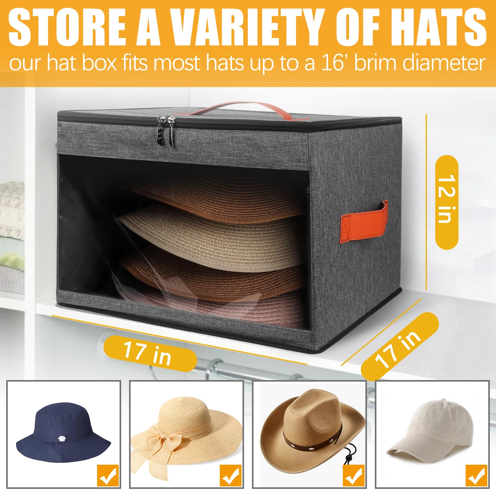 Kushon Upgraded Hat Storage Box For Women & Men,Closet Hat Boxes Organizer Bag With Dustproof Lids,Cowboy Hat Box,Hat Carrier Ca