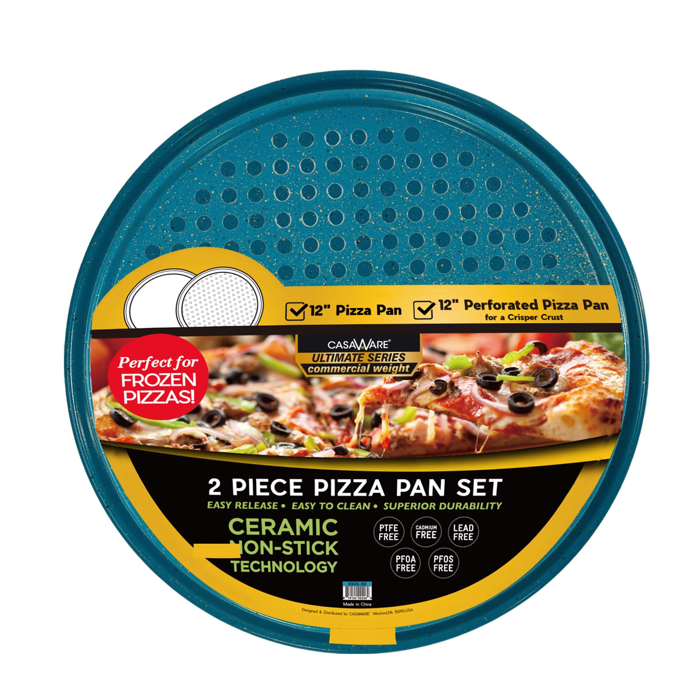 Casaware 2Pc Ultimate Pizza Pan Set, (1) Ceramic Coated Nonstick 12-Inch Pizza Pan, (1) 12-Inch Ceramic Coated Nonstick Perforat