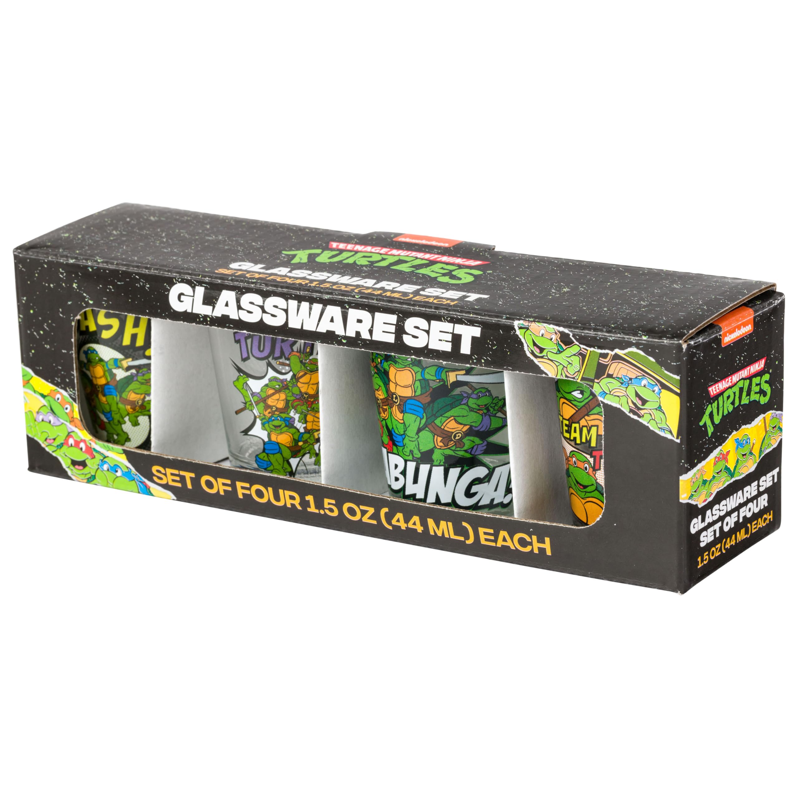 Silver Buffalo Teenage Mutant Ninja Turtles Tmnt Featuring Leonardo, Rapheal, Donatello, And Michelangelo 4 Pack Mini Glass Set,