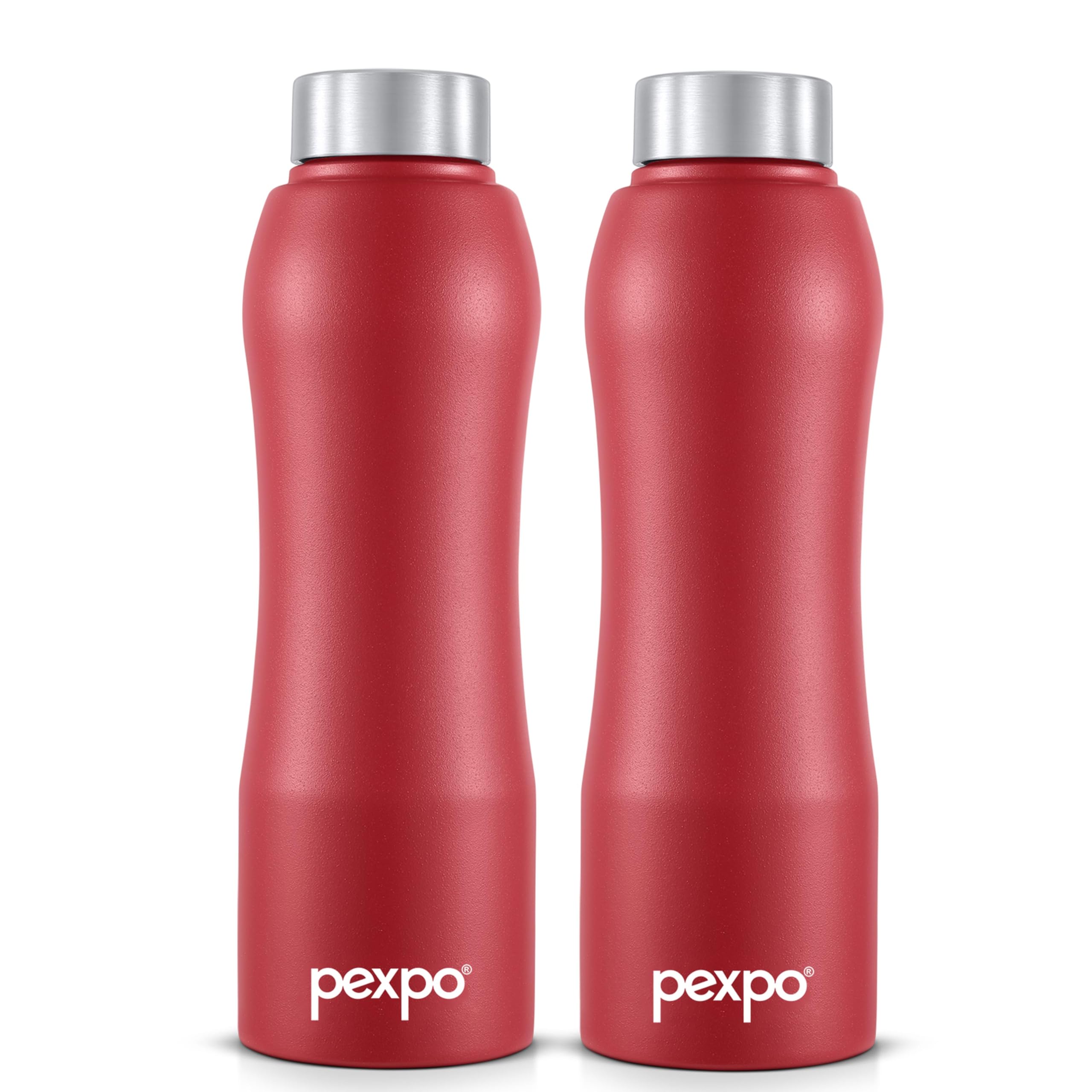 Pexpo Bistro Isi Certified Stainless Steel Fridge/Sports Water Bottle 1 Litre, Crimson Red, Pack Of 2| Single Walled|Easy Grip|L