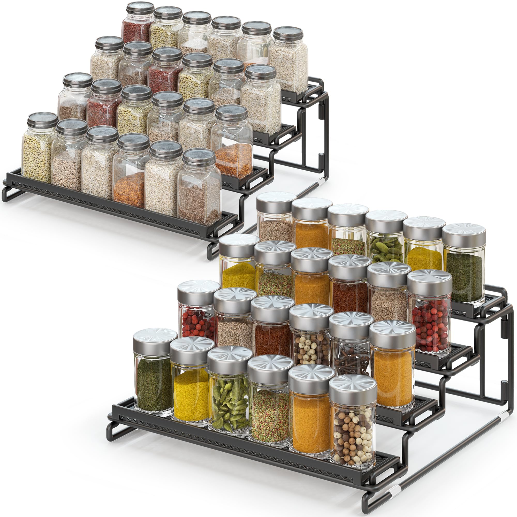 LUHENPING 2 Pack Spice Rack Organizer for Cabinet, 4 Tier Black Seasoning Organizer Rack for Inside Cabinets, Countertop, Pantry