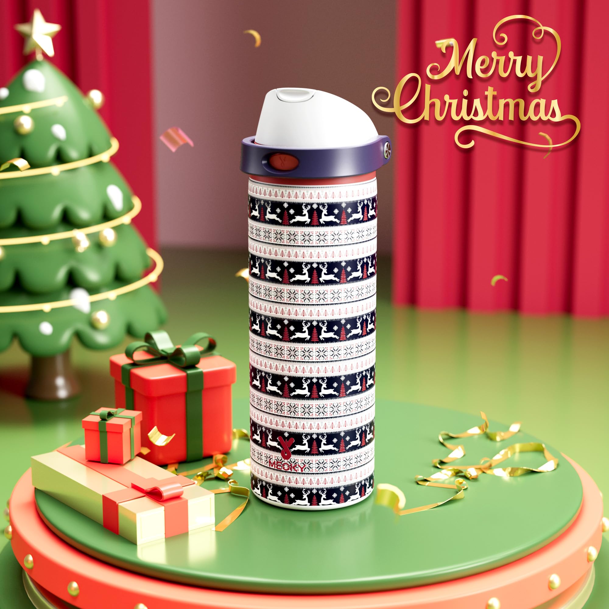 24 oz Christmas Insulated Water Bottle: Meoky Stainless Steel Water Bottle with 2-in-1 Straw Lid - Leak Proof, Cold for 24 Hours