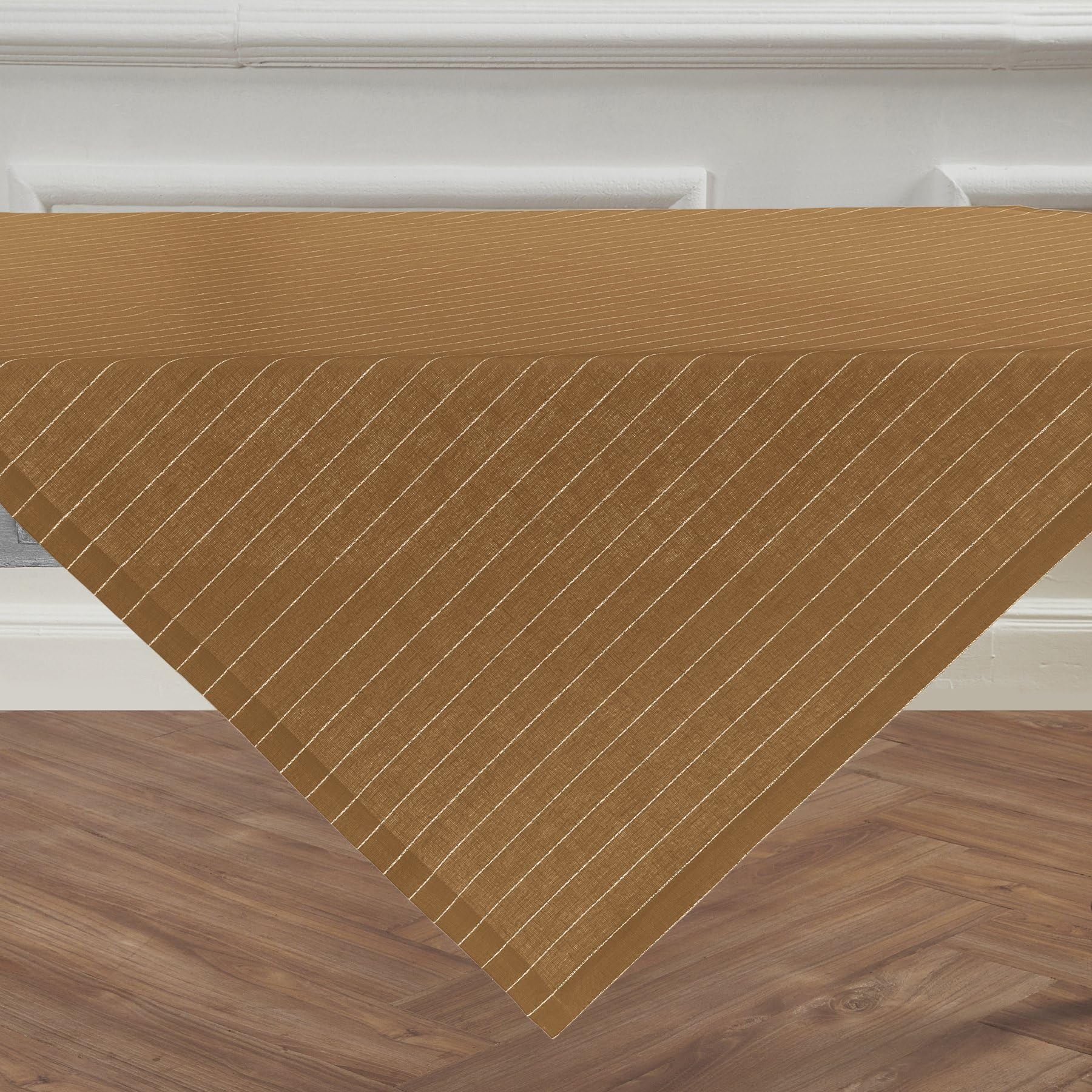 Solino Home Pinstripe Linen Tablecloth 52 X 52 Inch - 100% Pure Linen Camel And White Table Throw For Spring - Handcrafted And M