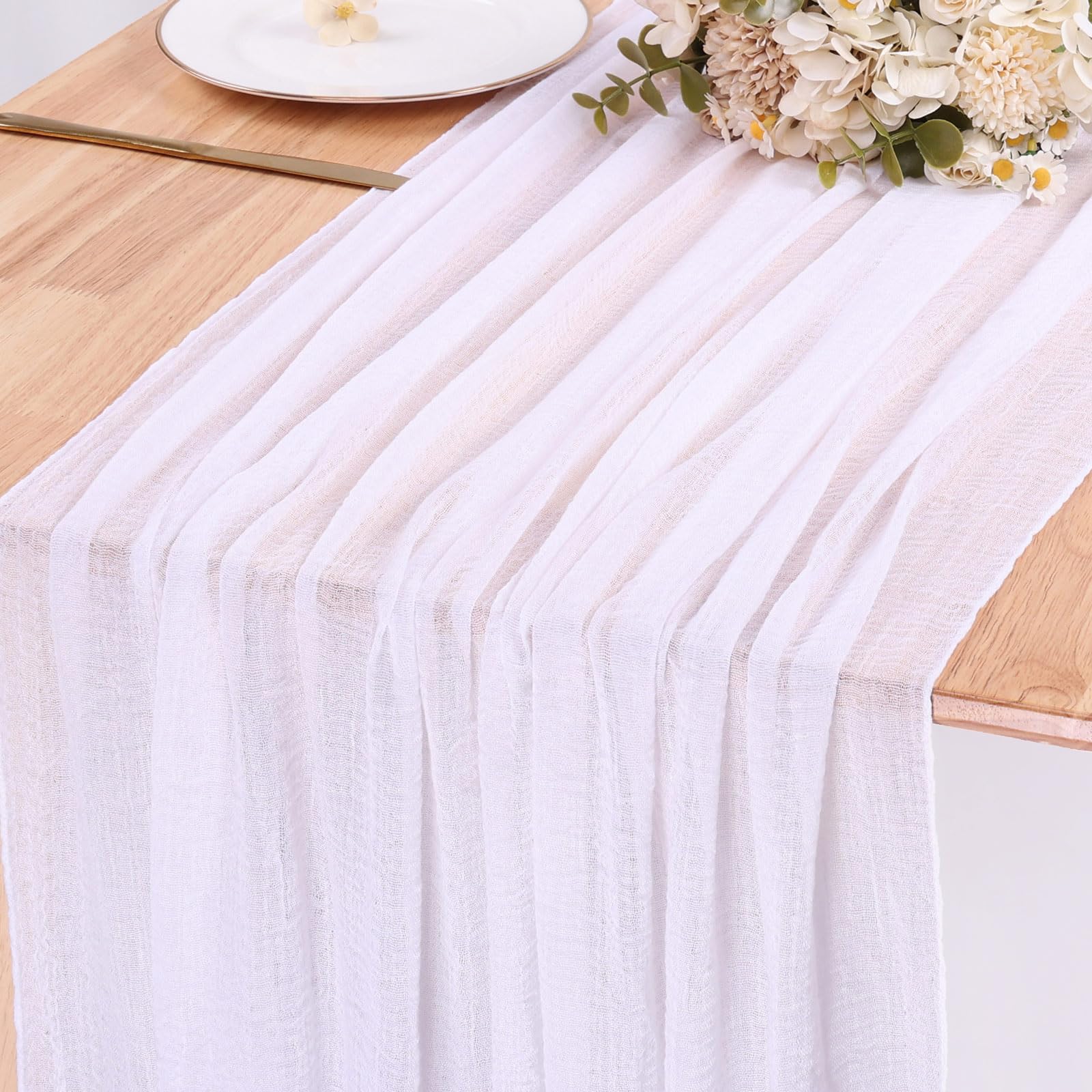 Sajoo White Cheesecloth Table Runner 10Ft Boho Gauze Table Runner For Wedding Baby Bridal Shower Party 35X120 Inches Rustic Chee