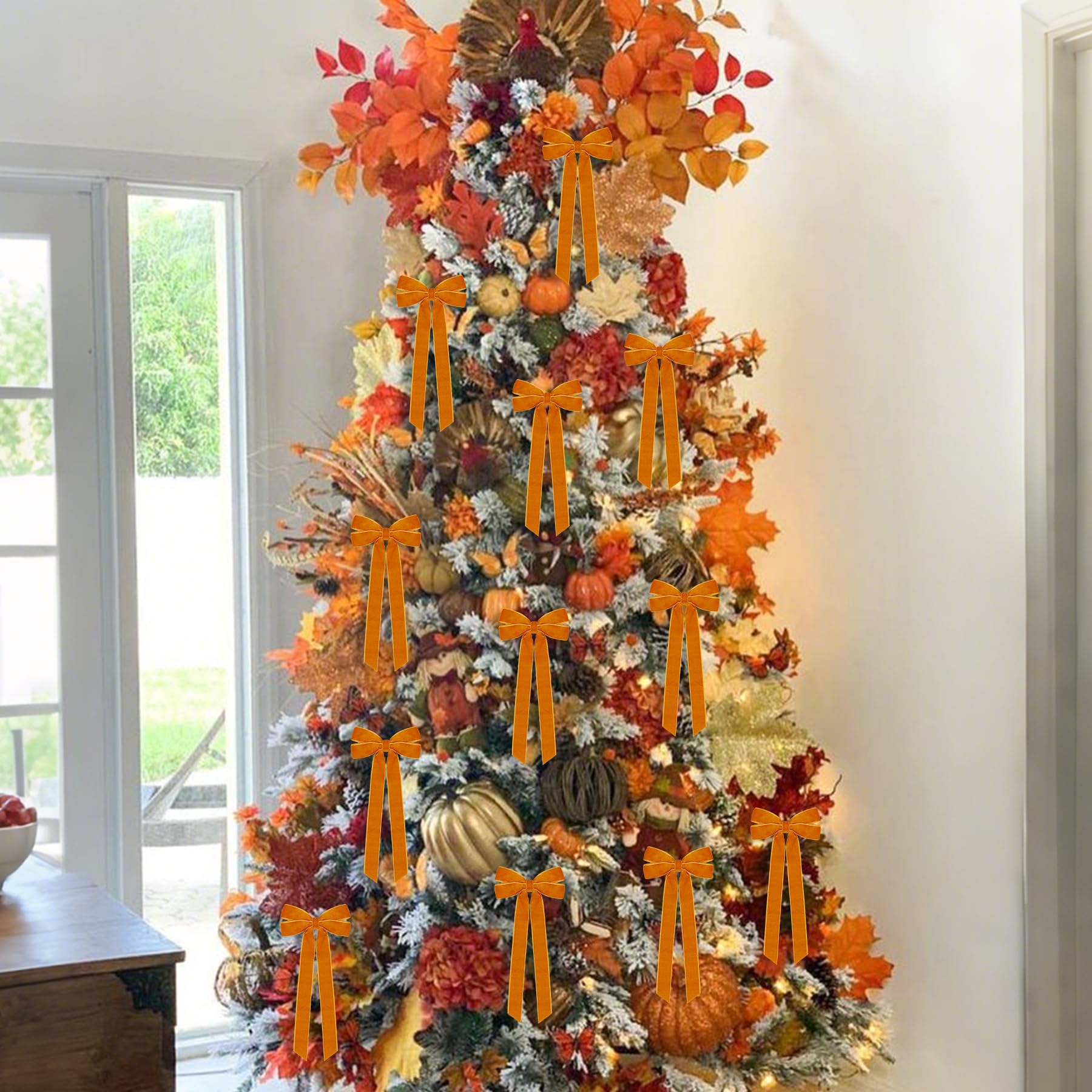 12Pcs Fall Velvet Ribbon Bows Tree Decorations,5in x 10in Orange Christmas Ornaments for Tree Home Thanksgiving Party Front Door