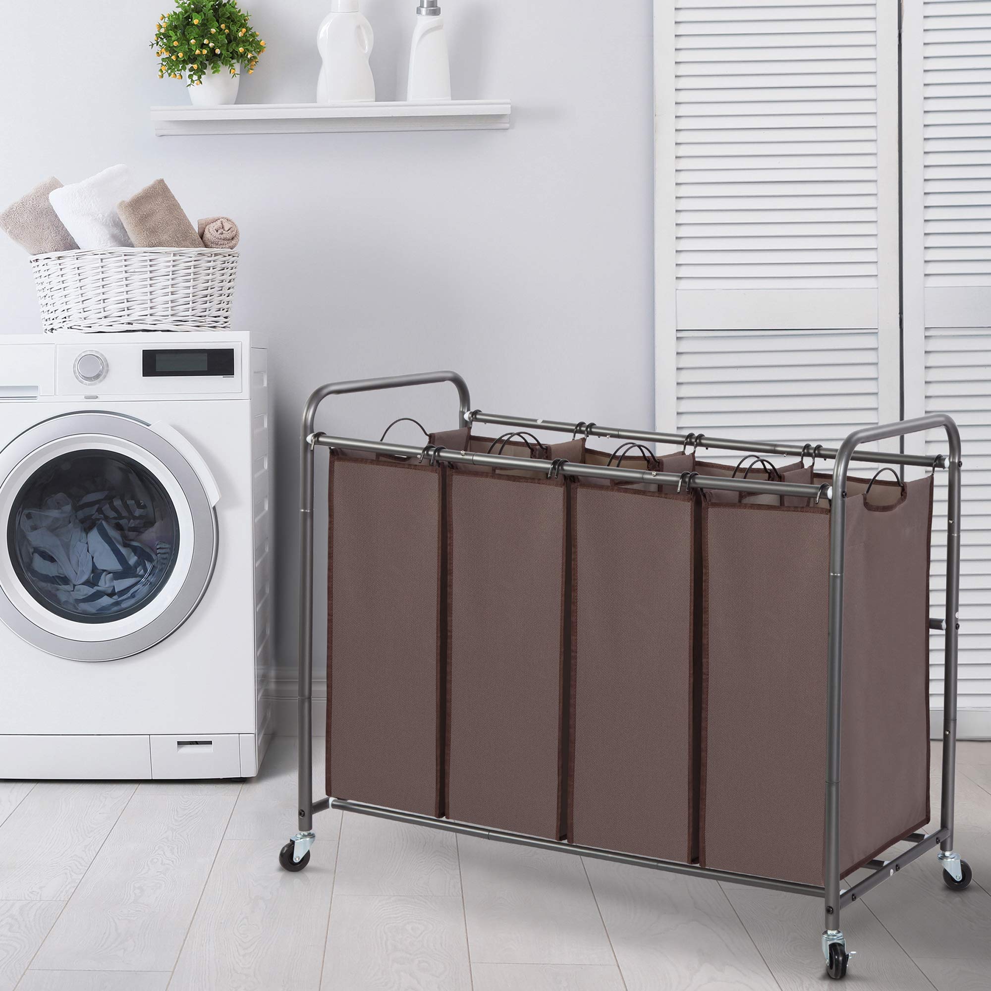 STORAGE MANIAC Laundry Sorter 4 Section  Laundry Hamper with Wheels  Laundry Basket Sorter  Laundry Separator Hamper  Laundry Divider Hamper  4 Bag Laundry Hamper with Wheels and Removable Bags  Brown