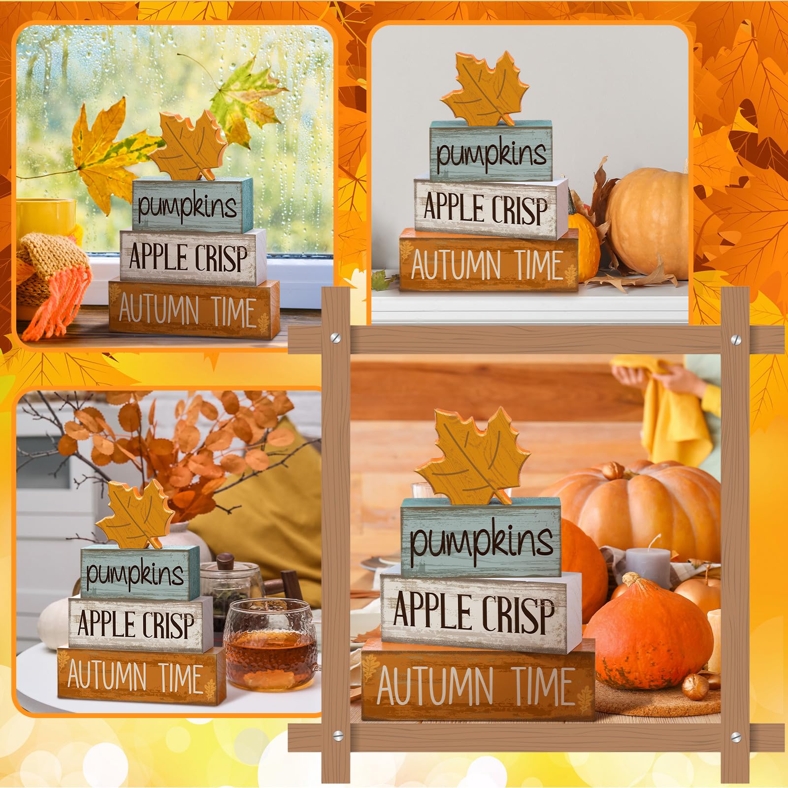 Lineshading 4 Pcs Thanksgiving Decoration for Home Wooden Maple Leaf Fall Tiered Tray Decor Thanksgiving Centerpiece Rustic Deco