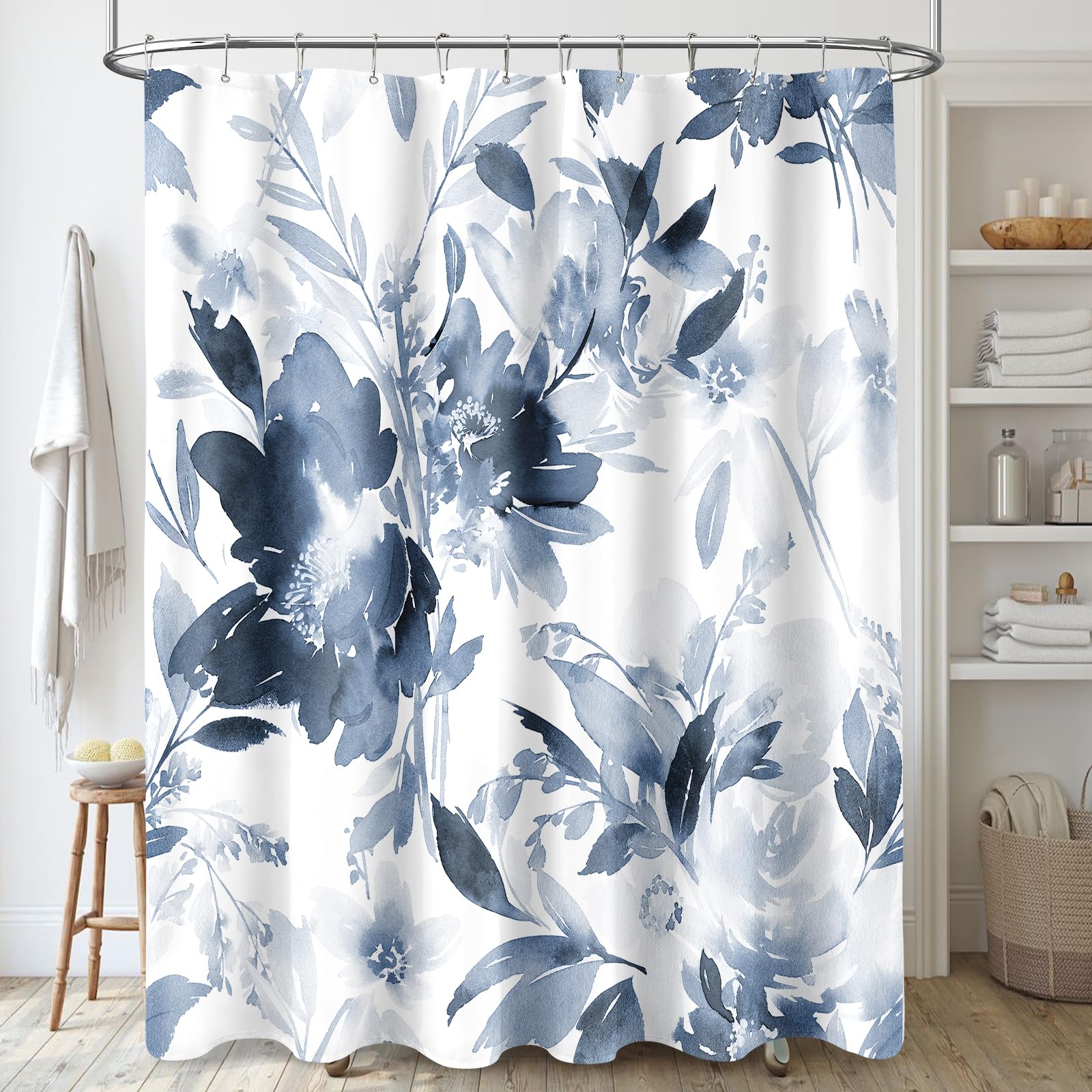 Mayzus Navy Blue Floral Shower Curtain, Summer Watercolor Flower Shower Curtain For Bathroom, Modern Abstract Ink Decorative Fab