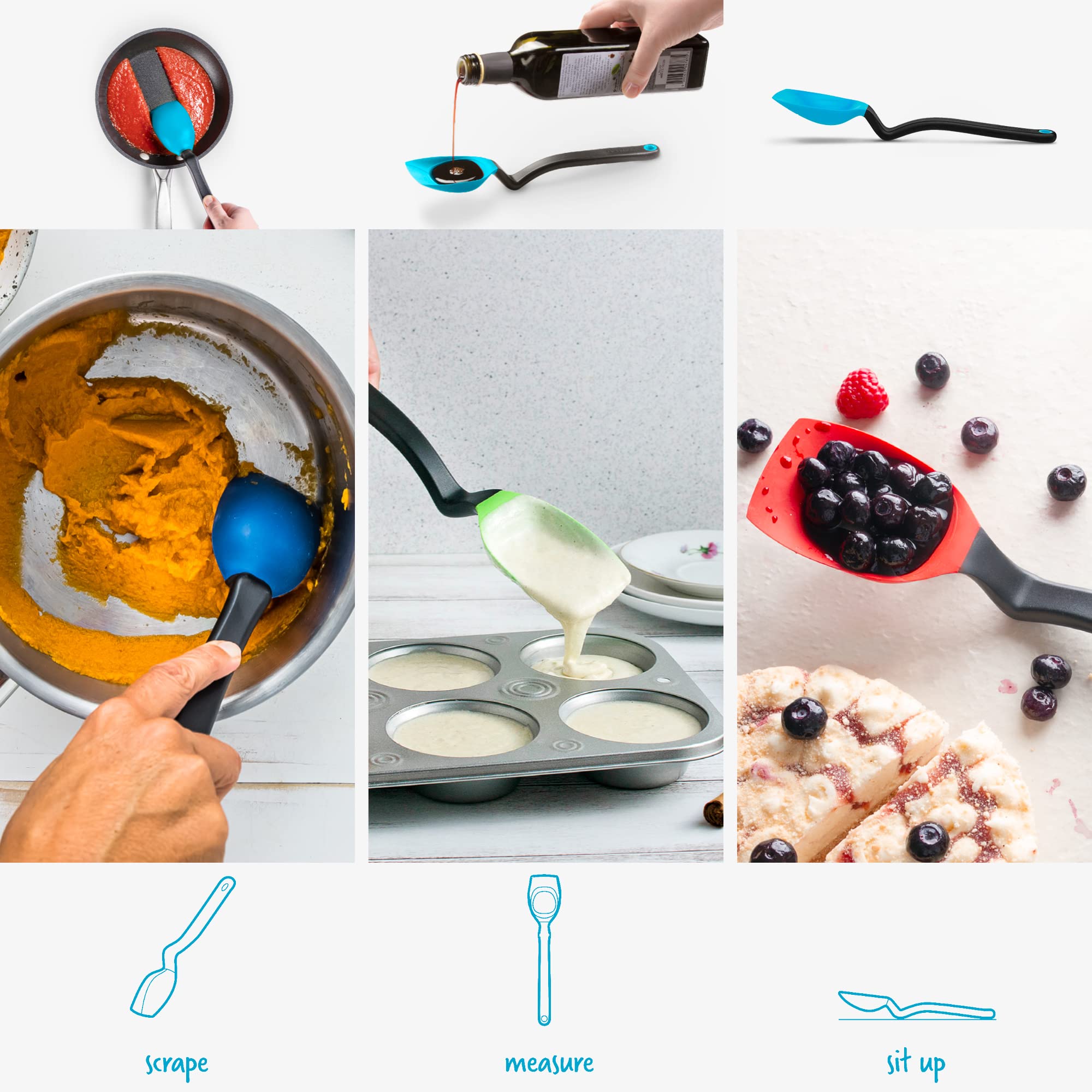 Dreamfarm Supoon  Non-Stick Silicone Sit Up Scraping  Cooking Spoon With Measuring Lines  Dreamfarm Blue