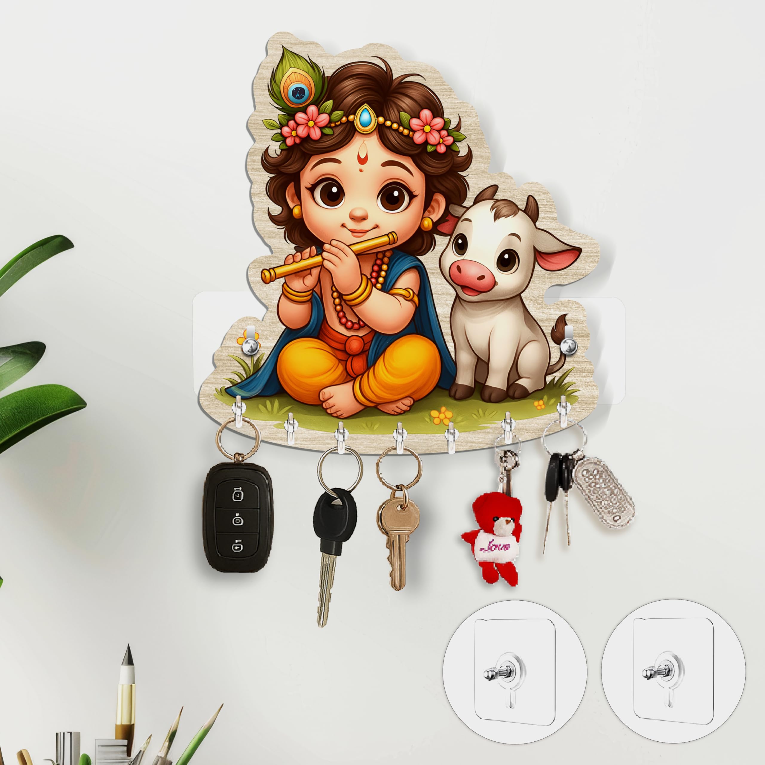 Rousrie Baby Krishna with Cow Key Holder, Brown Wooden Wall Mount Storage, 8 Hooks, Modern Style Decorative Design, NoDrill Hom