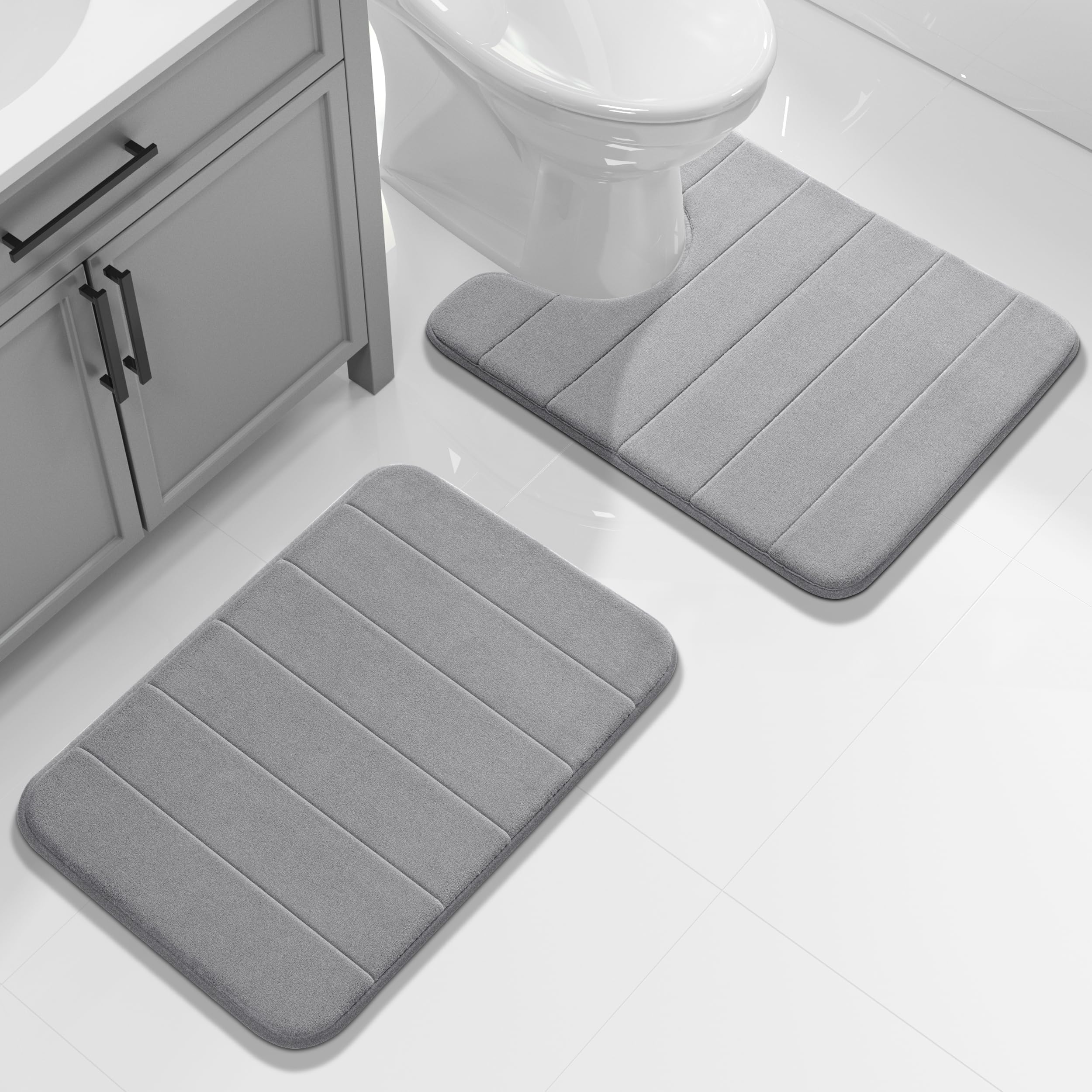 Yimobra Memory Foam Bath Mat Set  2 Piece Soft Rugs 17x24 and 24x20.4 U-Shaped  Toilet rug  Water Absorption  Non Slip  Thick  Dry Fast for Bathroom Floor Mat  Grey