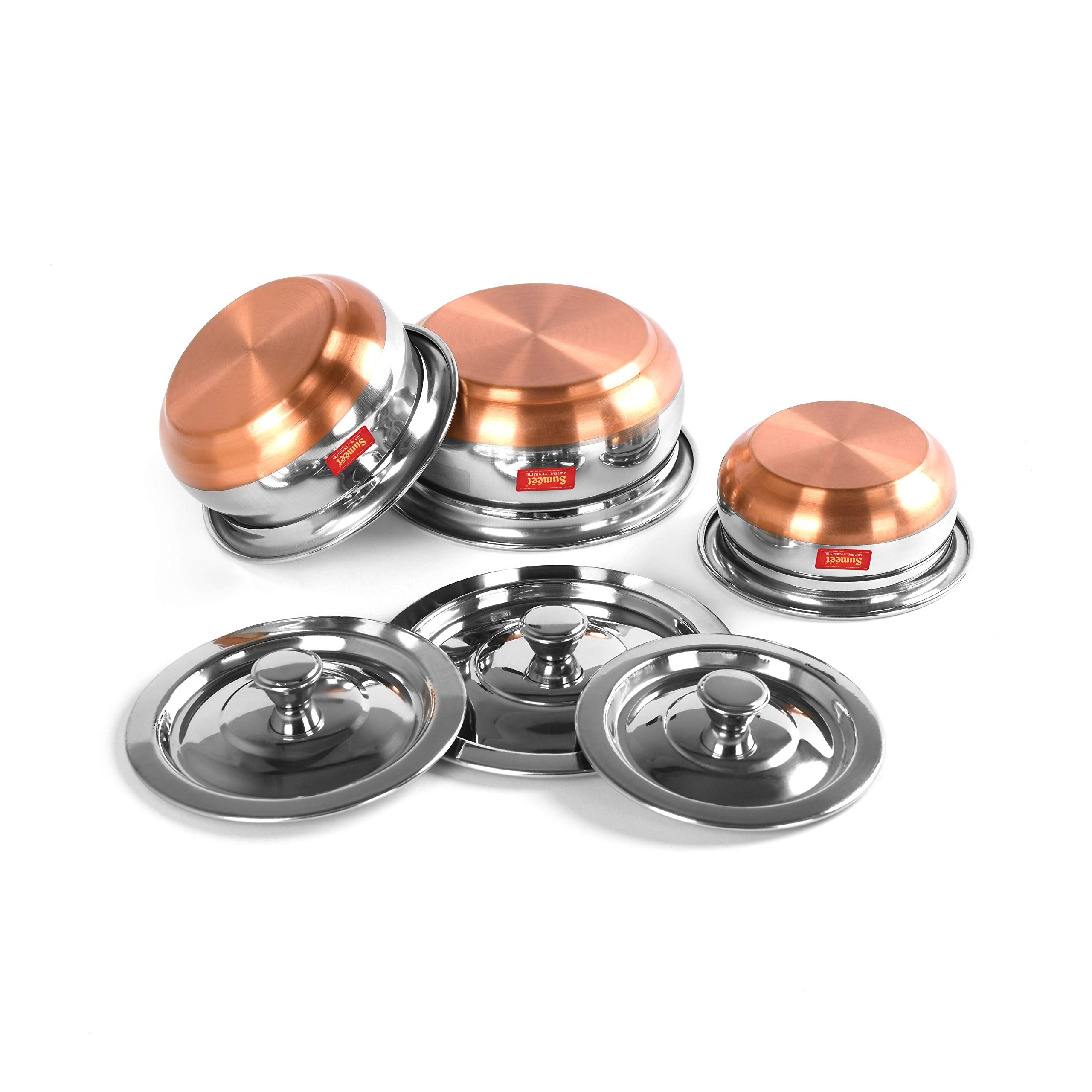 Sumeet Stainless Steel Copper Bottom 3 Pc Handi/Cookware/Serveware Pot Set with Lid 360ML, 500ML, 800ML, (Silver)