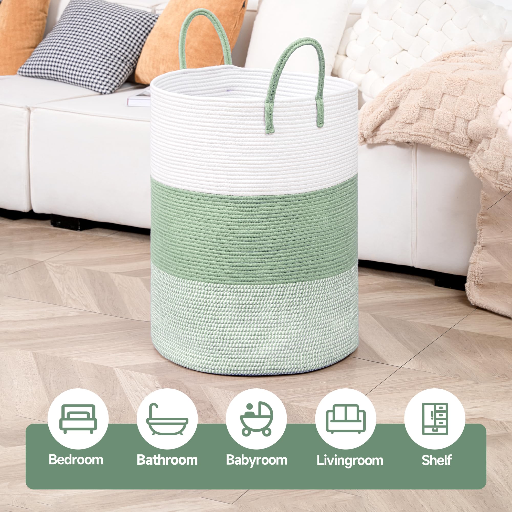 Clhmily&Z 100L Laundry Basket Round Storage Rope Basket - 18.1X24 Inches - Green Hamper In Bedreoom And Cute Storage Bin For Bla