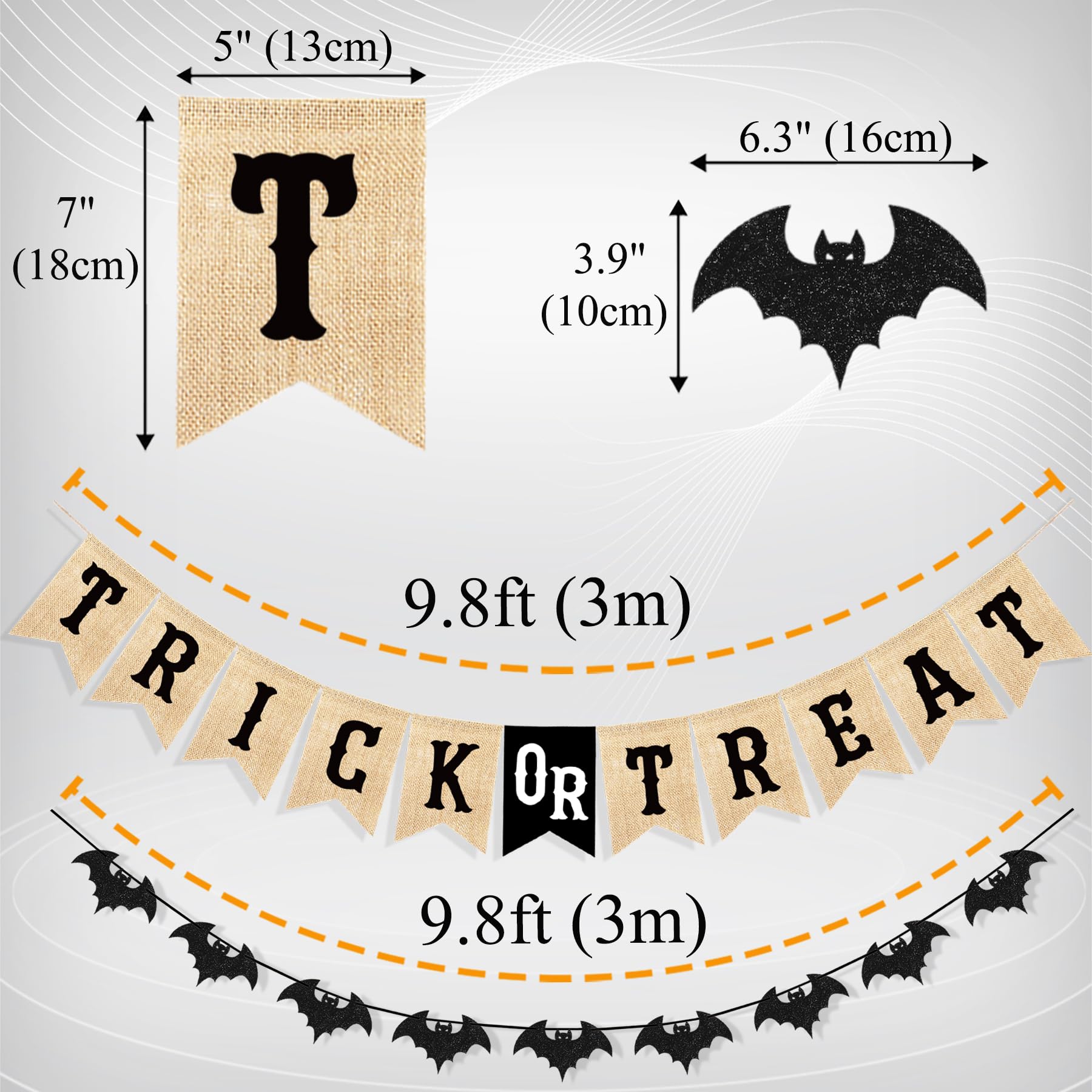 Uniwish Trick or Treat Burlap Banner Halloween Decorations for Mantel Fireplace Glitter Bat Garland Bunting Home Wall Decor Hall
