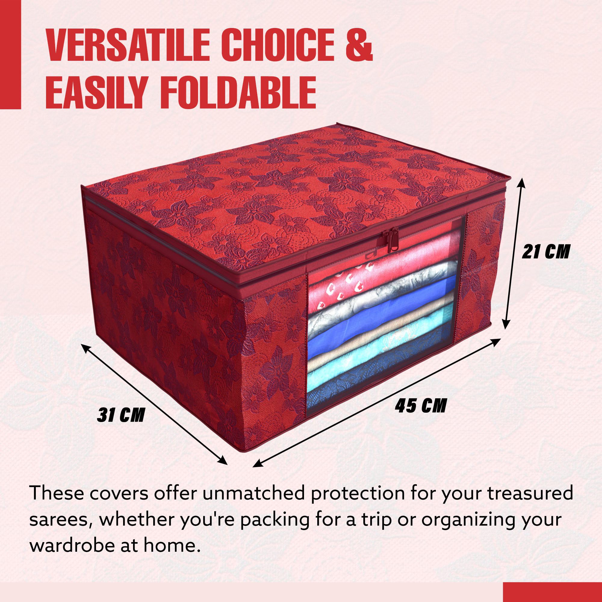 Kuber Industries Metalic Flower 6 Piece Non Woven Saree Cover Set, Large, Red