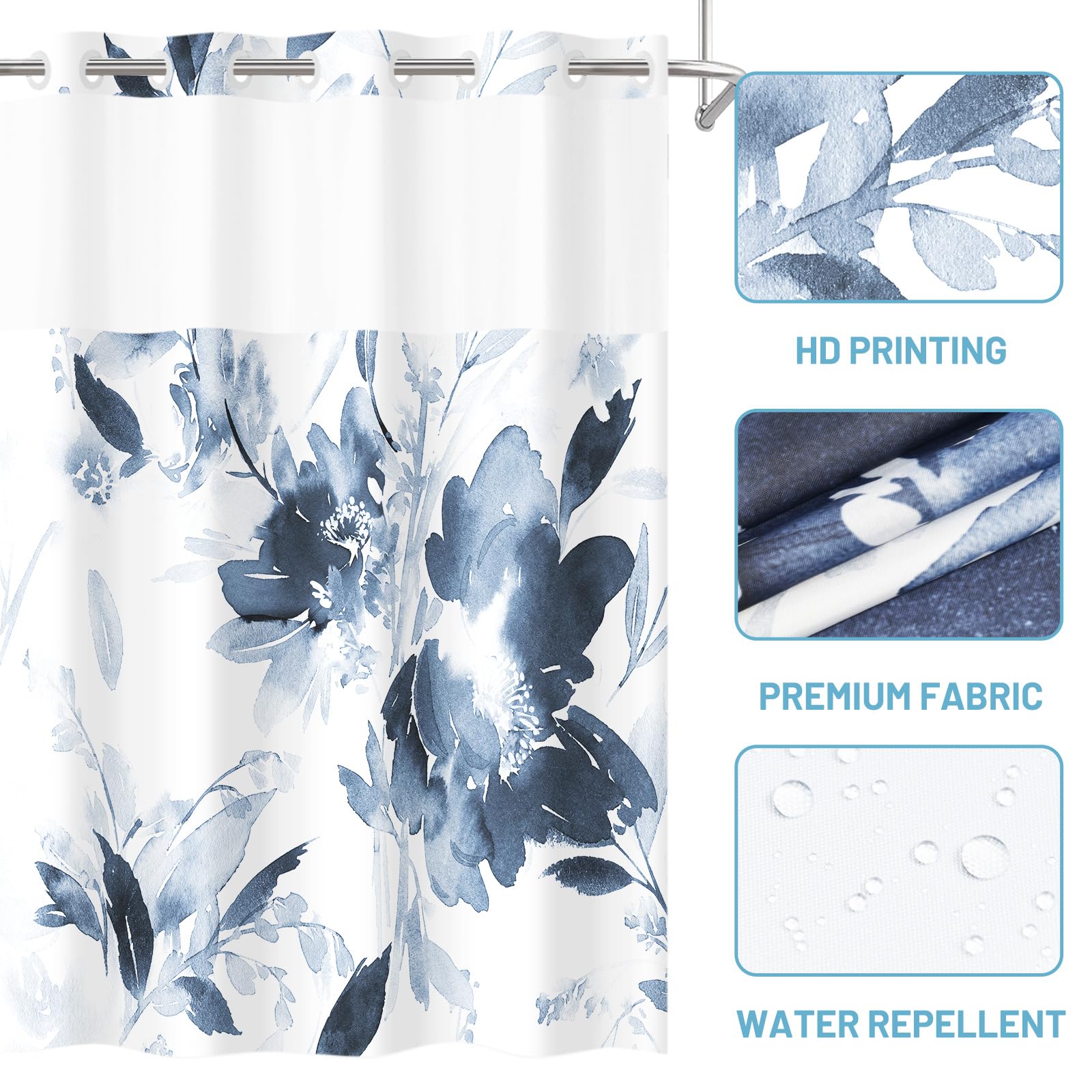 Withloc No Hook Shower Curtain With Snap In Liner - Floral Shower Curtain - Fabric Waterproof Inner Liner, Plants Navy Blue Flow