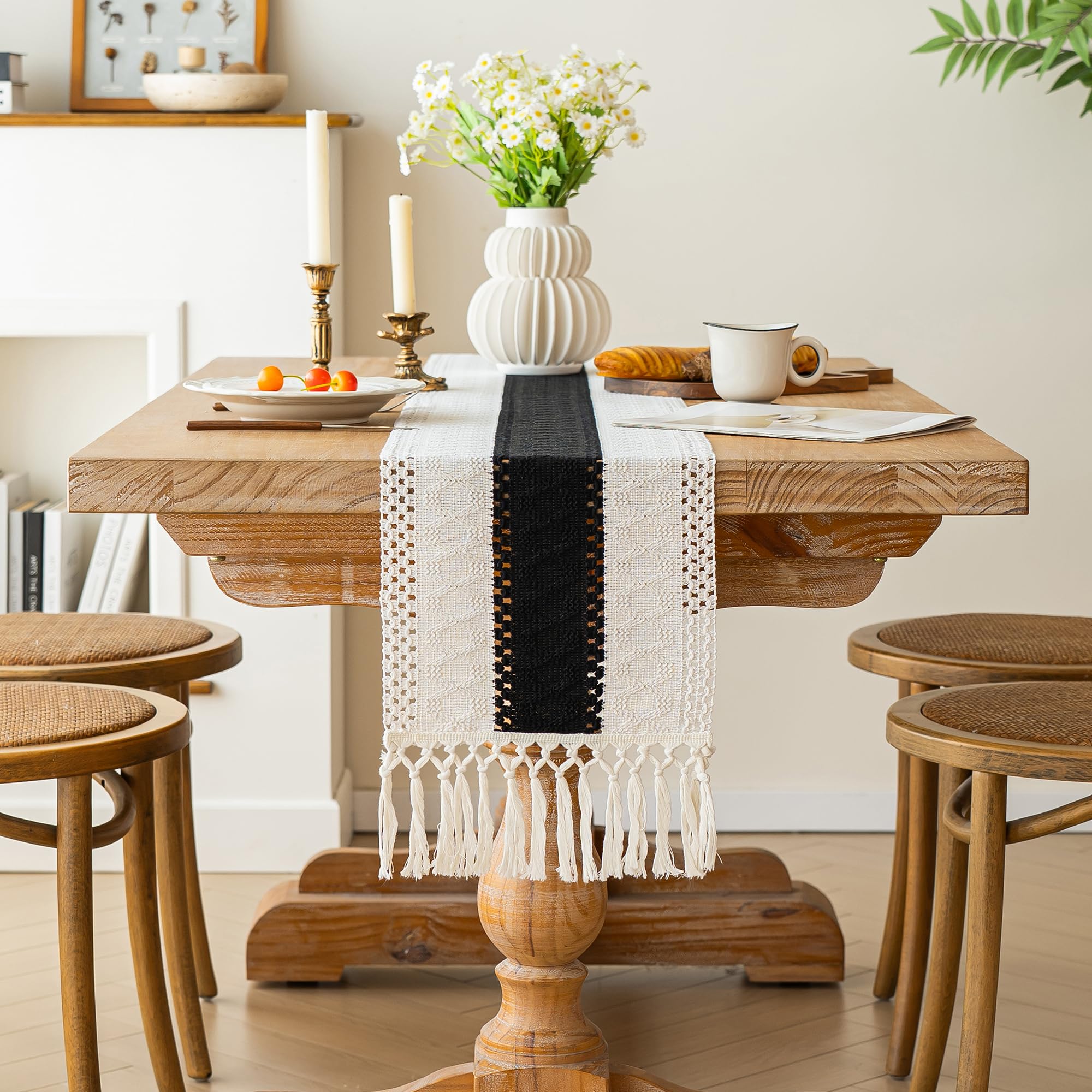 FEXIA Boho Table Runner for Christmas Home Decor with Tassels 72 Inches Long Farmhouse Rustic Black Halloween Table Runner Macra