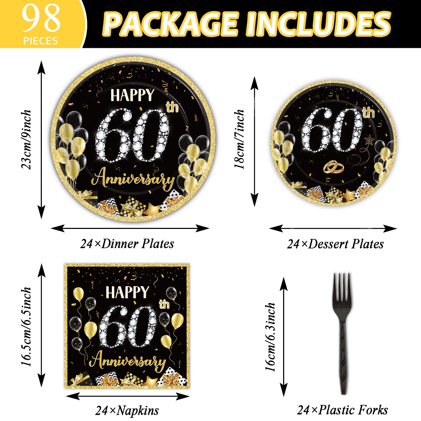 24 Guests 60Th Wedding Anniversary Party Decorations Supplies, Gold Black Tablecloth Plates Napkins Forks Set For 60Th Wedding A