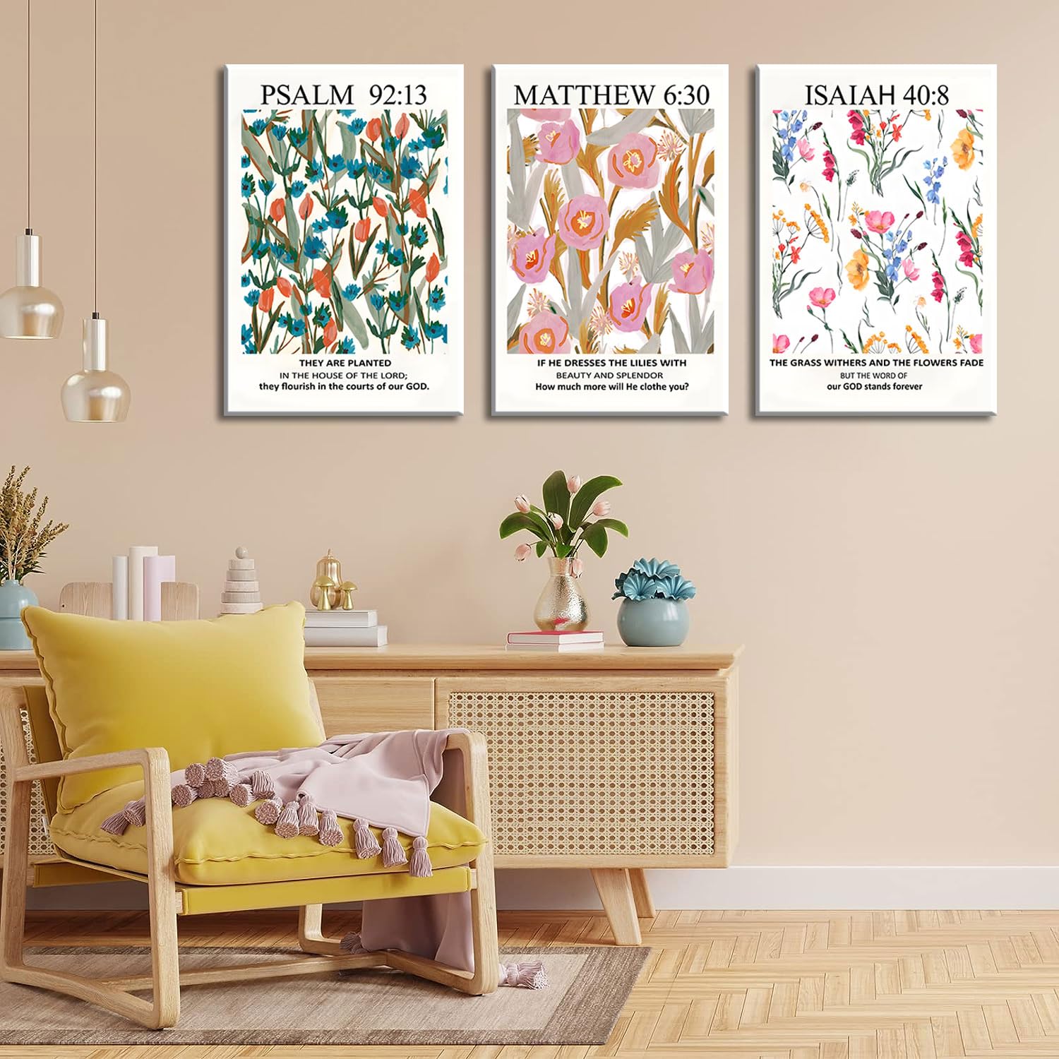 3Pcs Framed Bible Verse Wall Art, Christian Floral Scripture Posters Canvas Paintings Prints Wall Decor Pictures For Bedroom Liv