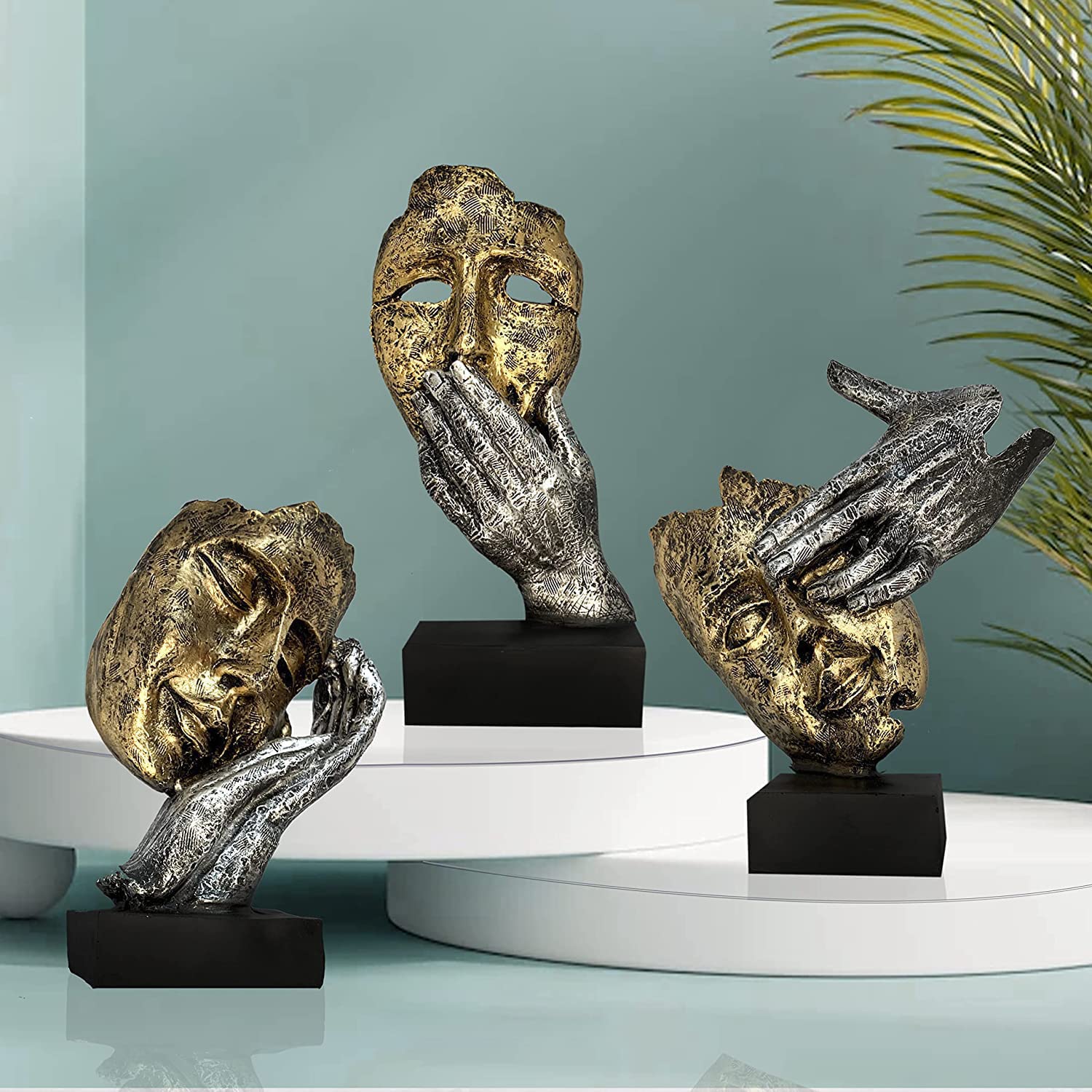 Xtore Human Face Decorative Statues | Handcrafted And Hand Painted (Pack Of 3, Gold & Silver)