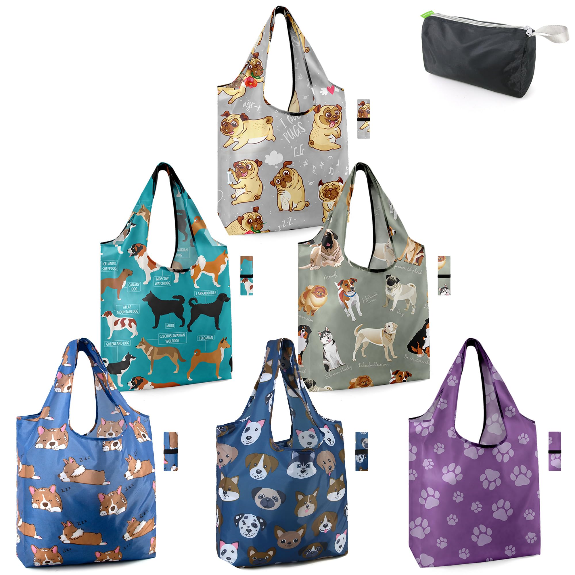 BeeGreen Dog Lover Gifts for Women Animals Reusable Grocery Bags Shopping Bags Bulk 6 Pack 50LBS X-Large Foldable-Machine Washab
