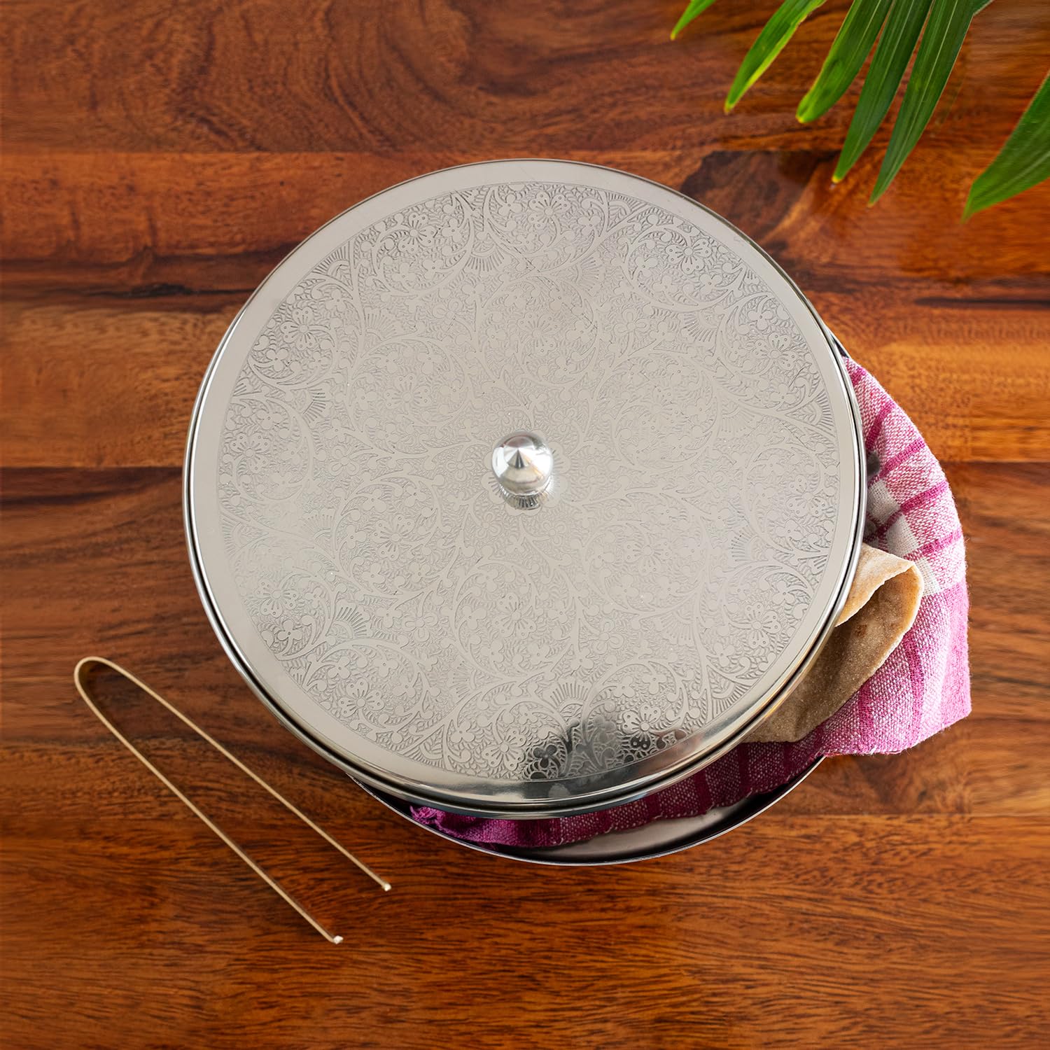 Exclusivelane 'Floral Hand-Etched' Stainless Steel Chapati Box For Kitchen With Brass Tong|Handcrafted Roti Box For Kitchen Chap