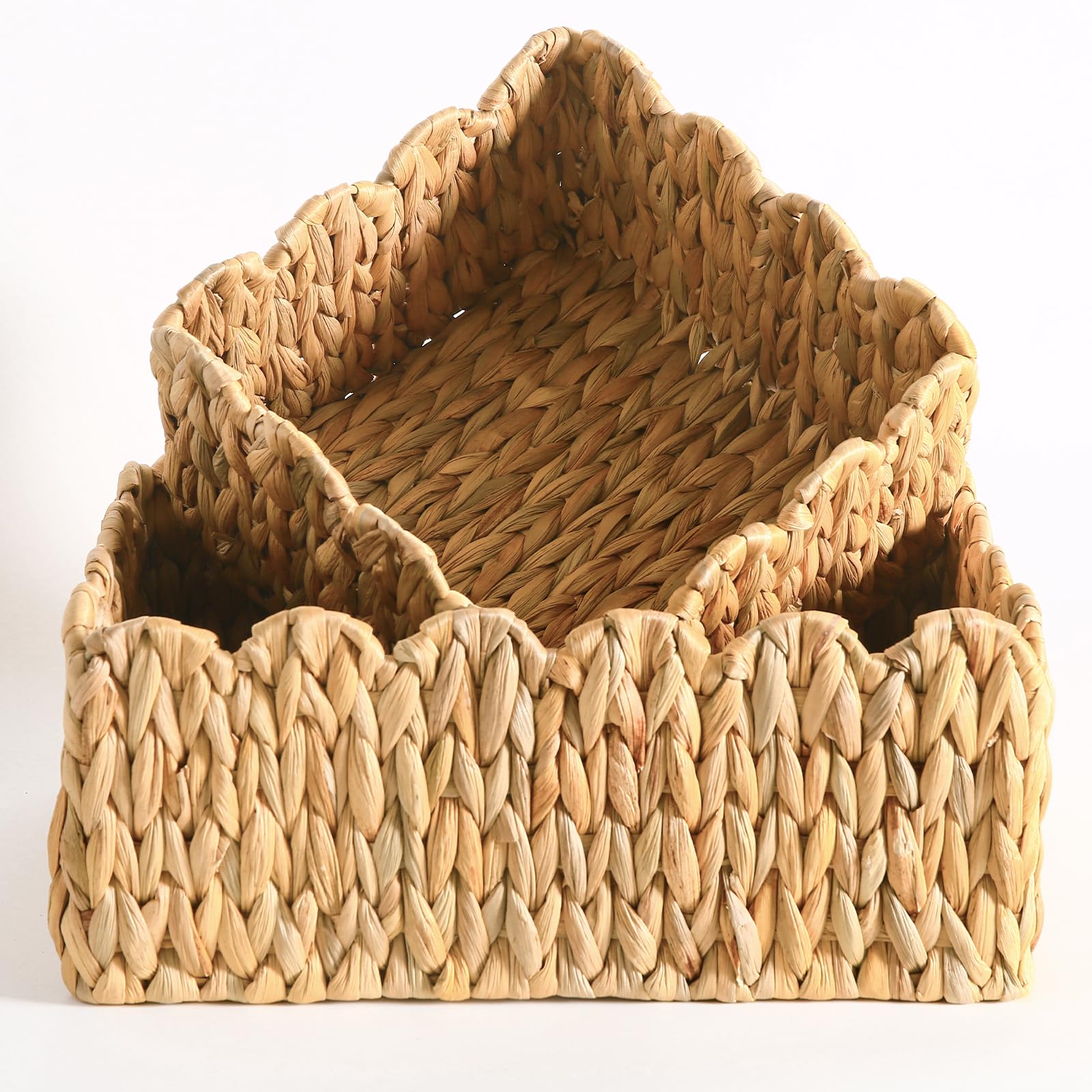 Scalloped Edge Basket, Wicker Storage Baskets, Hand Woven Baskets For Shelves,Natural Baskets For Organizing (Water Hyacinth(S-9