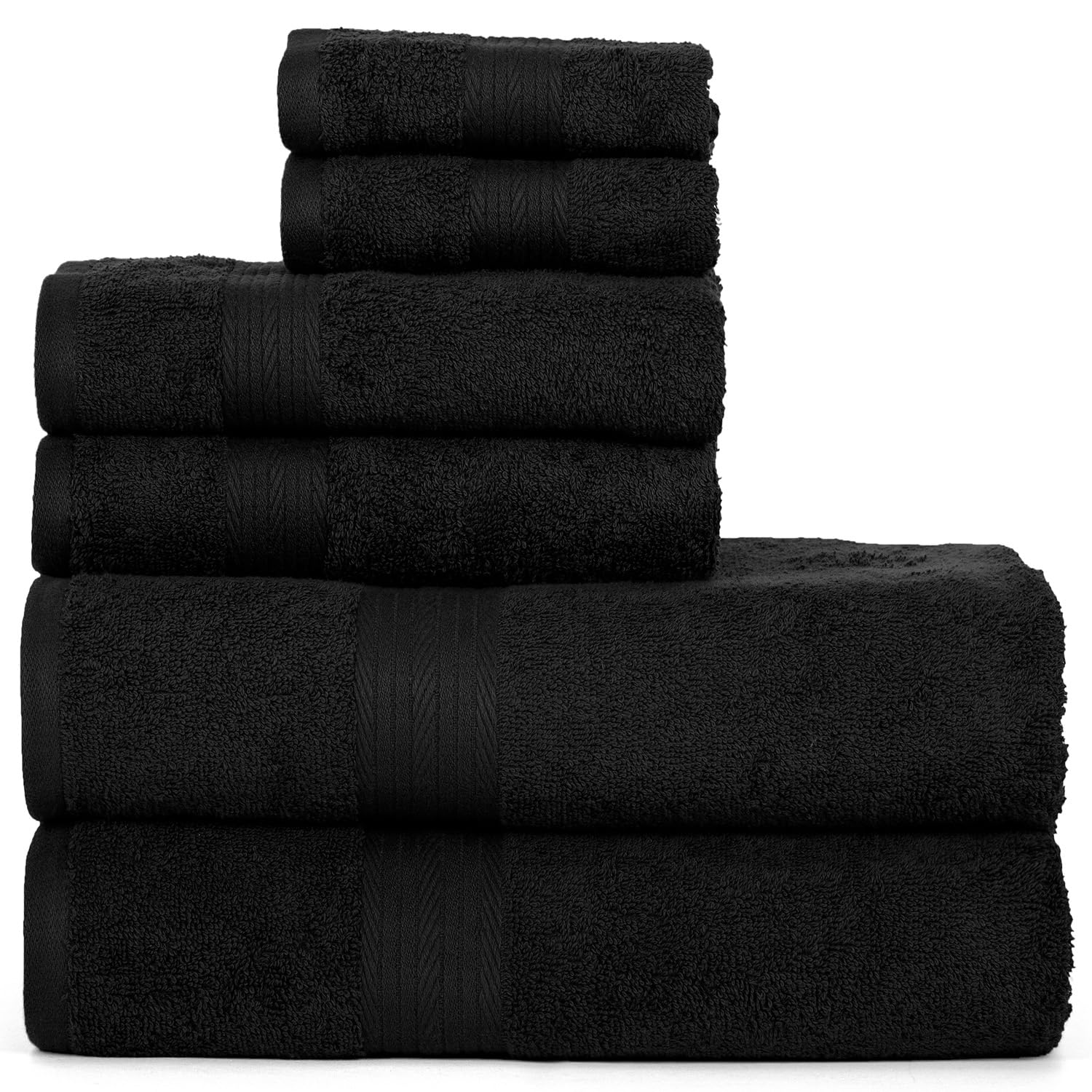 Ample Decor 100% Cotton Luxury 6 Piece Towels Set, 2 Bath Towels, 2 Hand Towels, 2 Wash Cloths For Bathroom - Black Towel Sets