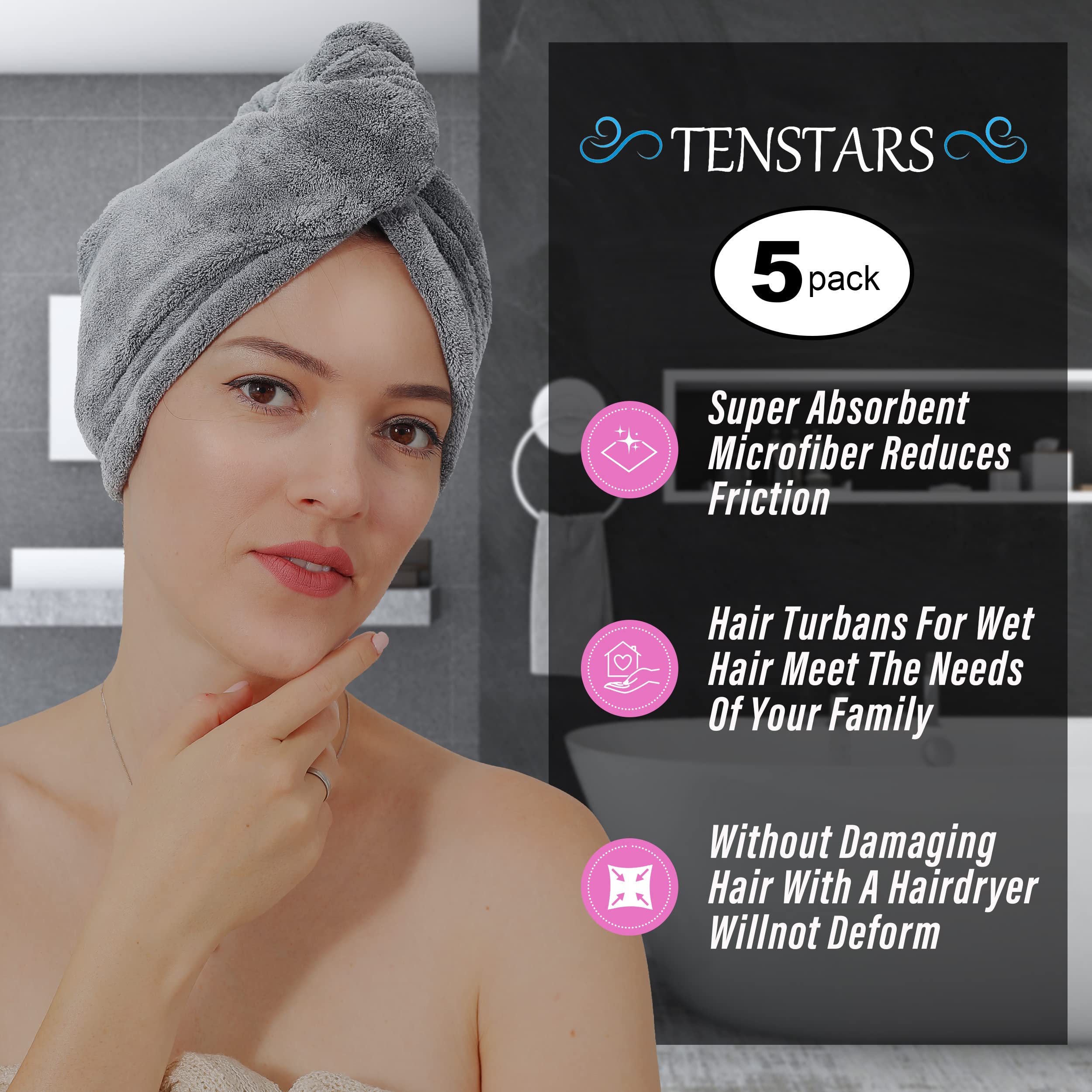 TENSTARS 5 Pack Thicken Microfiber Hair Towel Wrap for Women - Elastic Loop Design - 320GSM Coral Velvet - Quick Dry Hair Turban