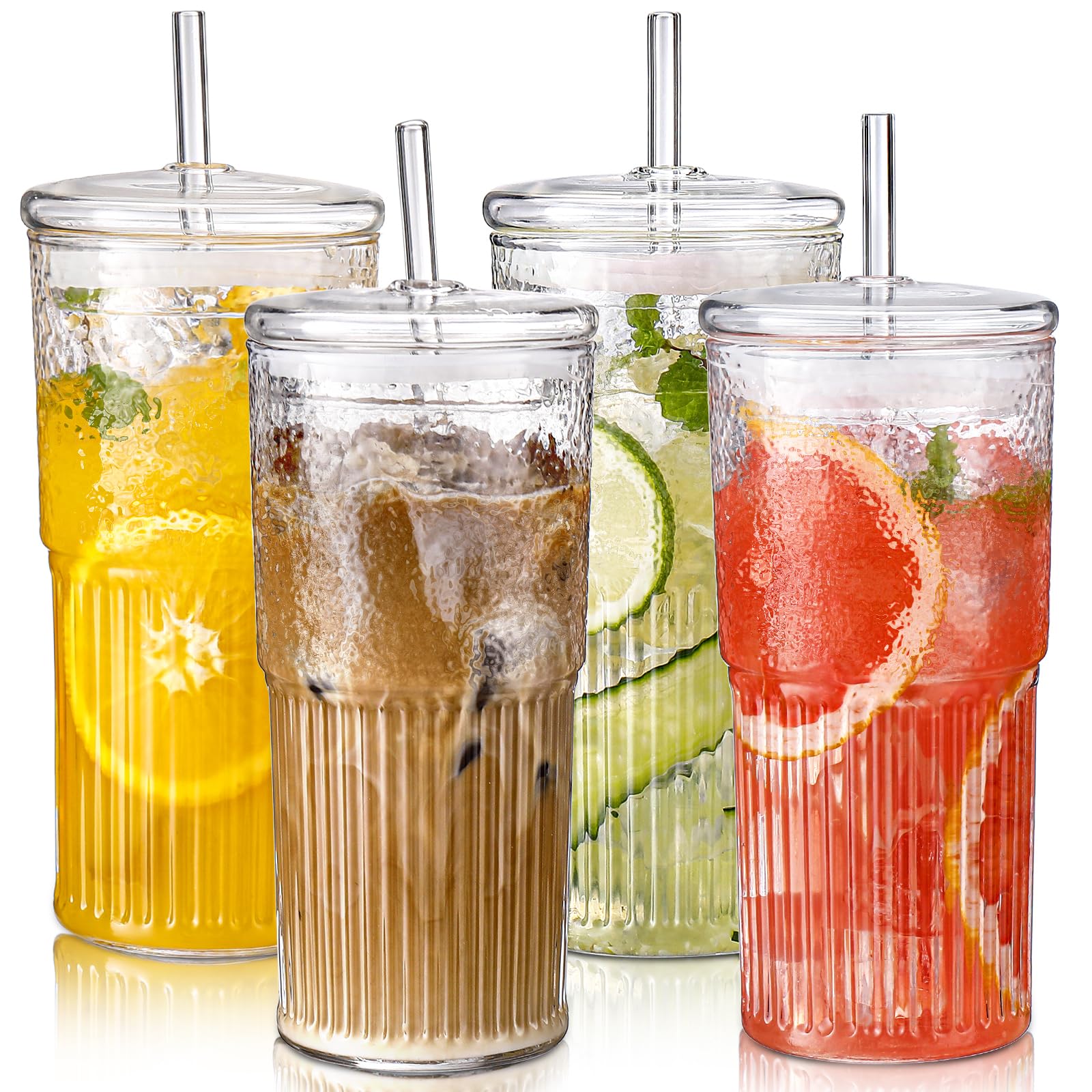 DWTS DANWEITESI Glass Cups with Lids and Straws 4 Pcs,20oz Glasses Drinking Set Vintage Textured Clear Iced Coffee Cups with Lid