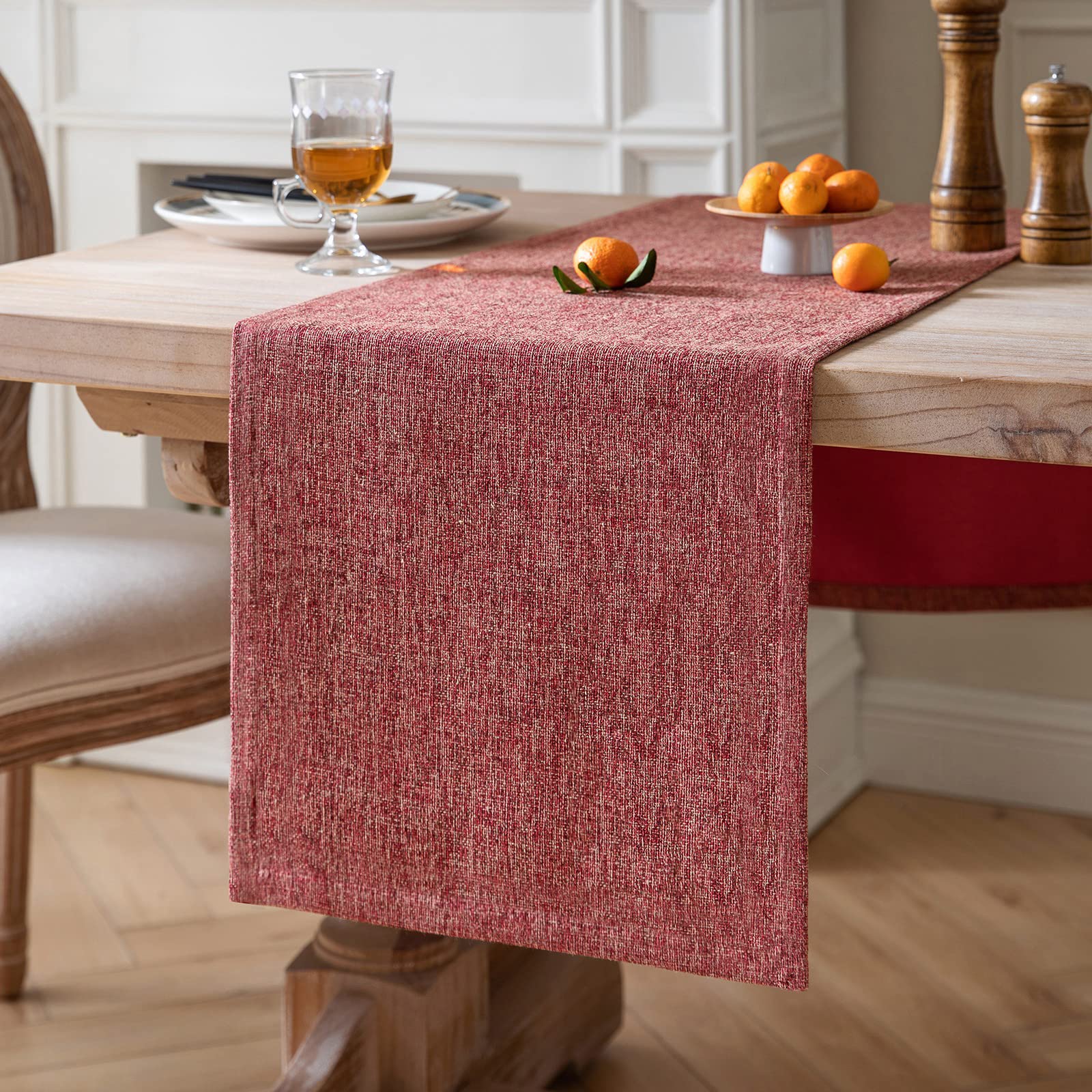 Zeemart Burlap Style Farmhouse Table Runners 90 Inches Long, Red Rustic Woven Dining Table Runner For Everyday Use, 14X90 Inches