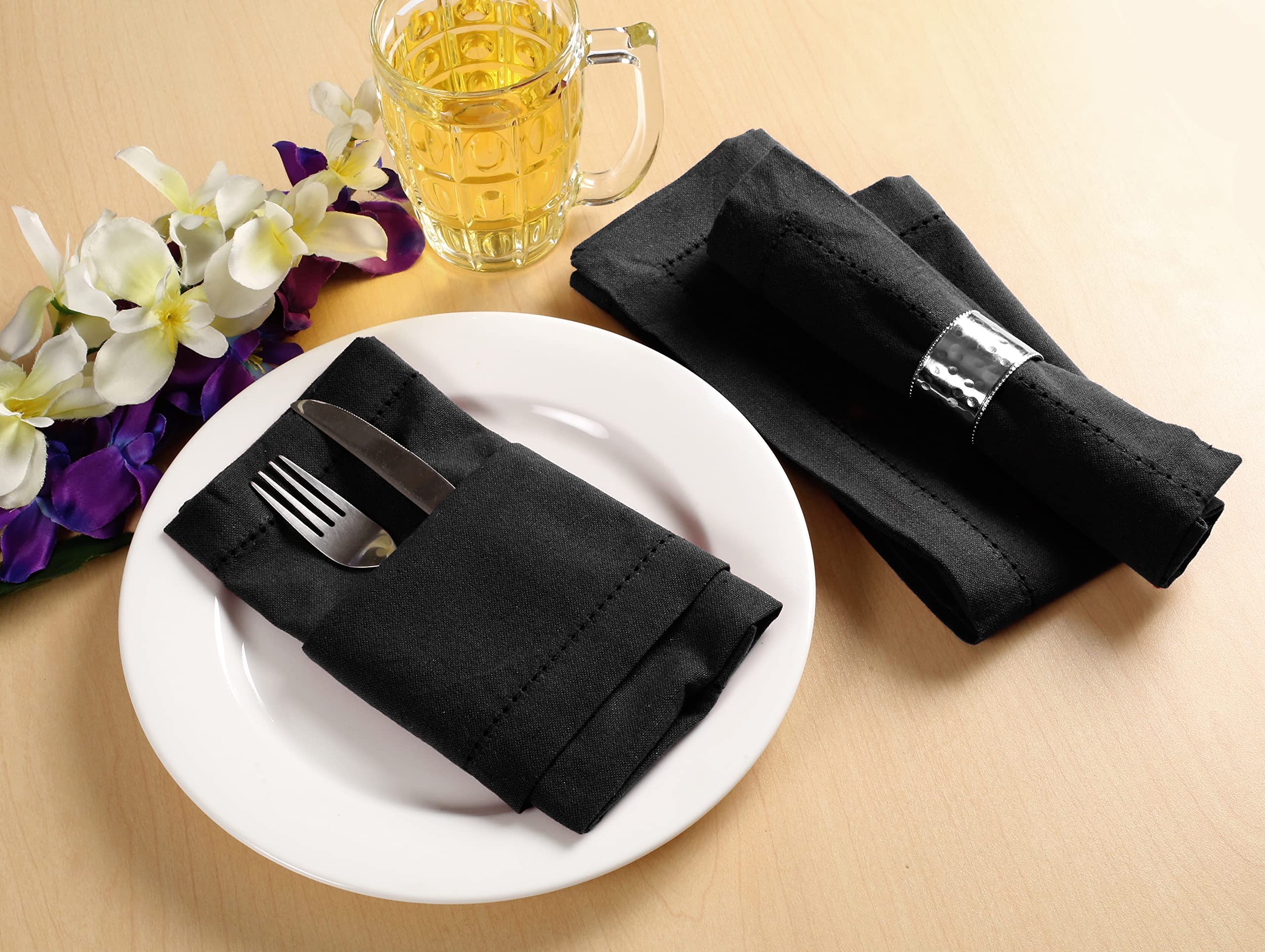 Palisa Cloth Dinner Napkins with Hemstitched Detailing & Mitered Corners Set of 4 (18x18 Inches) Black - Cotton Reusable Dinner Napkins - Perfect for Weddings & Everyday Use
