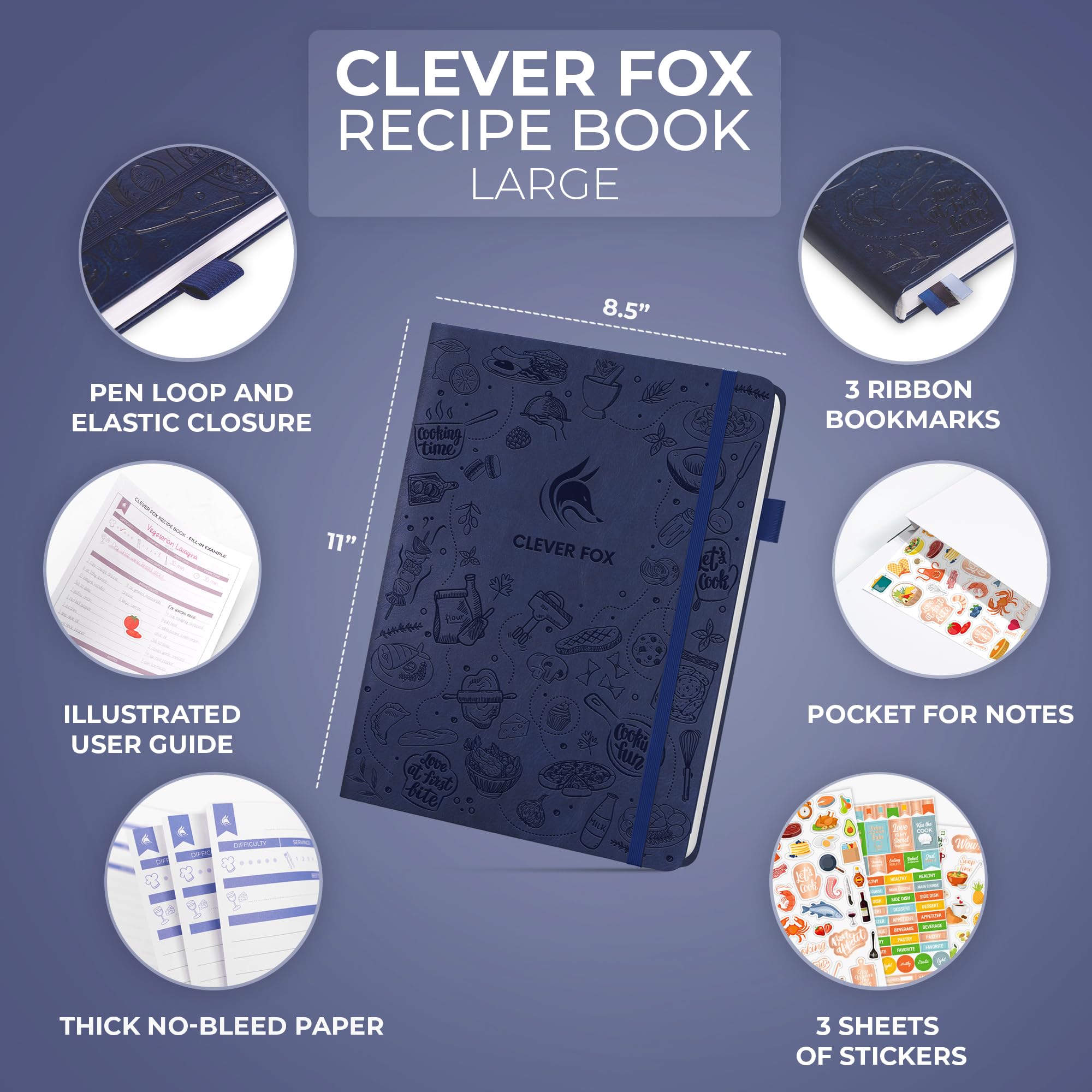 Clever Fox Recipe Book - Make Your Own Family Cookbook - Blank Recipe Notebook Organizer - Empty Cooking Journal to Write In Recipes - Large Size  8.5?x11.2?  Hardcover (Dark Blue)