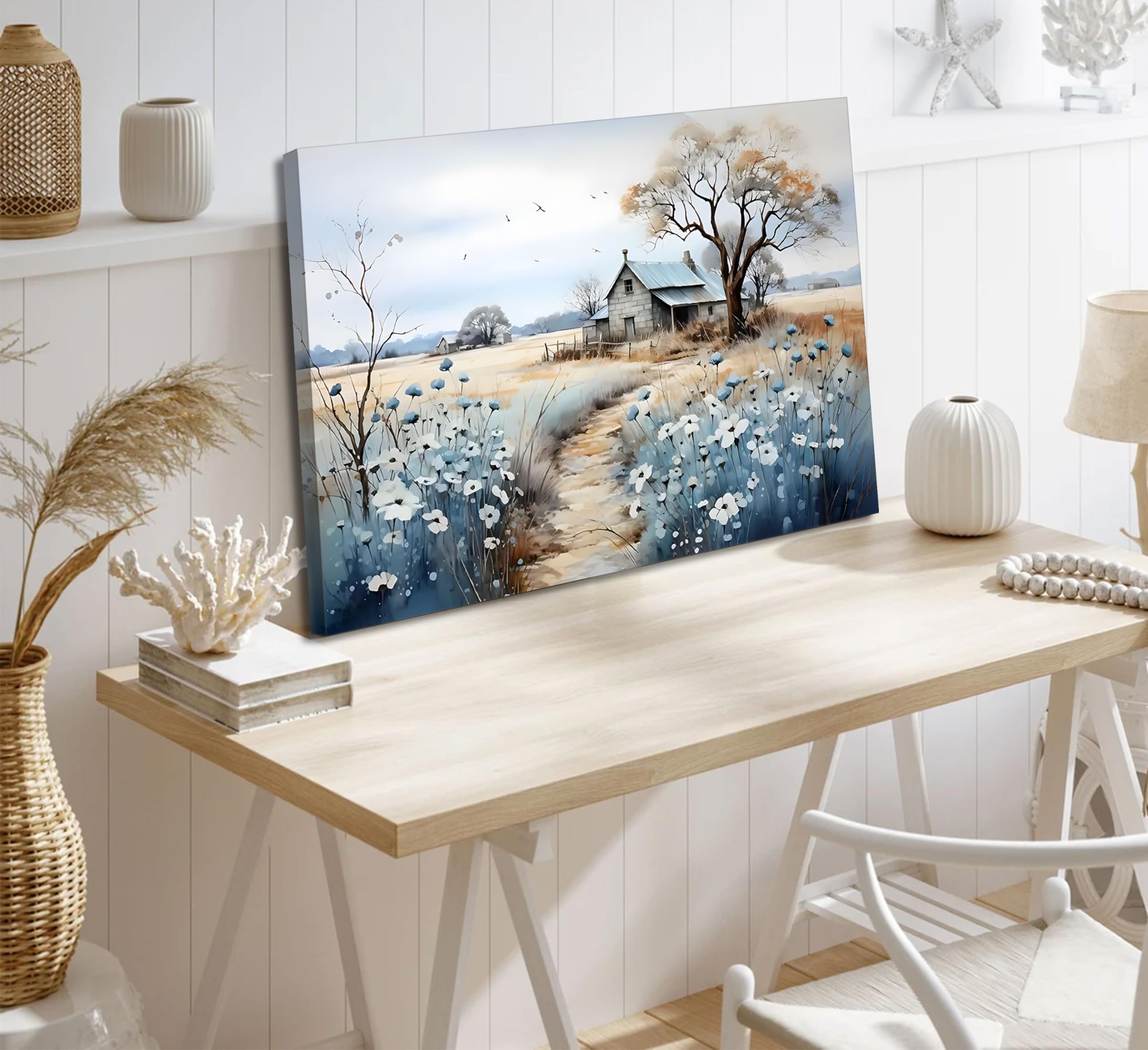 Framed Rustic Farmhouse Canvas Wall Art Beautiful Field Painting Wildflower Barn Print Nature Scenery Picture French Countryside